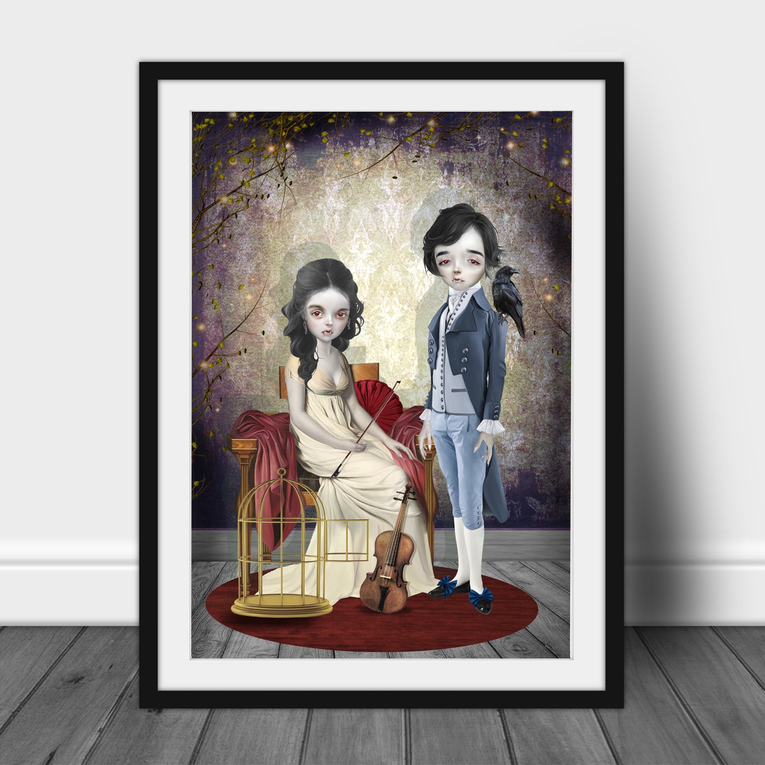 Gothic vampire art print of a vampire siblings, in a frame, leaned against a wall.