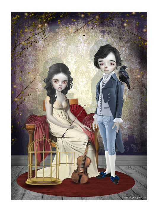 A Gothic Fantasy art print featuring vampire siblings, displayed without a frame