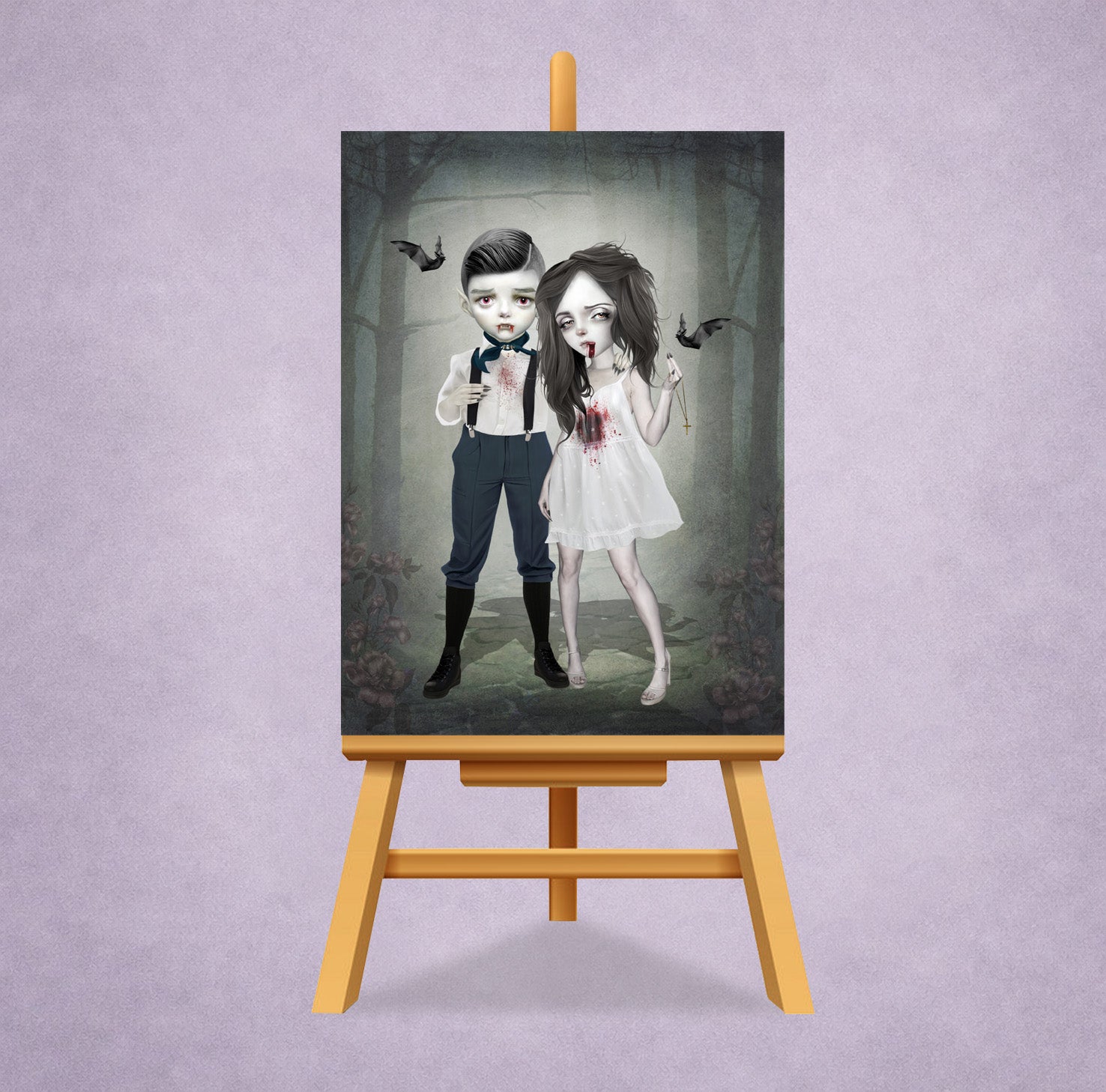 ACEO art card featuring a vampire couple on a miniature easel display stand.