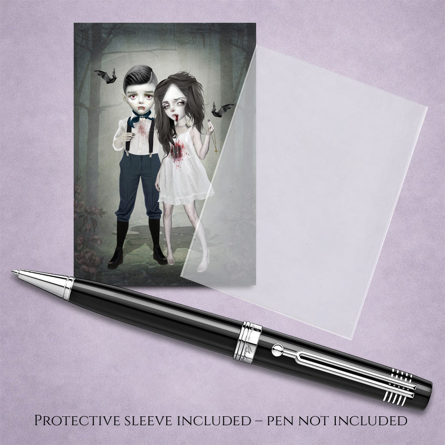 ACEO card with illustration of a forever young vampire couple, with a pen and sleeve for display