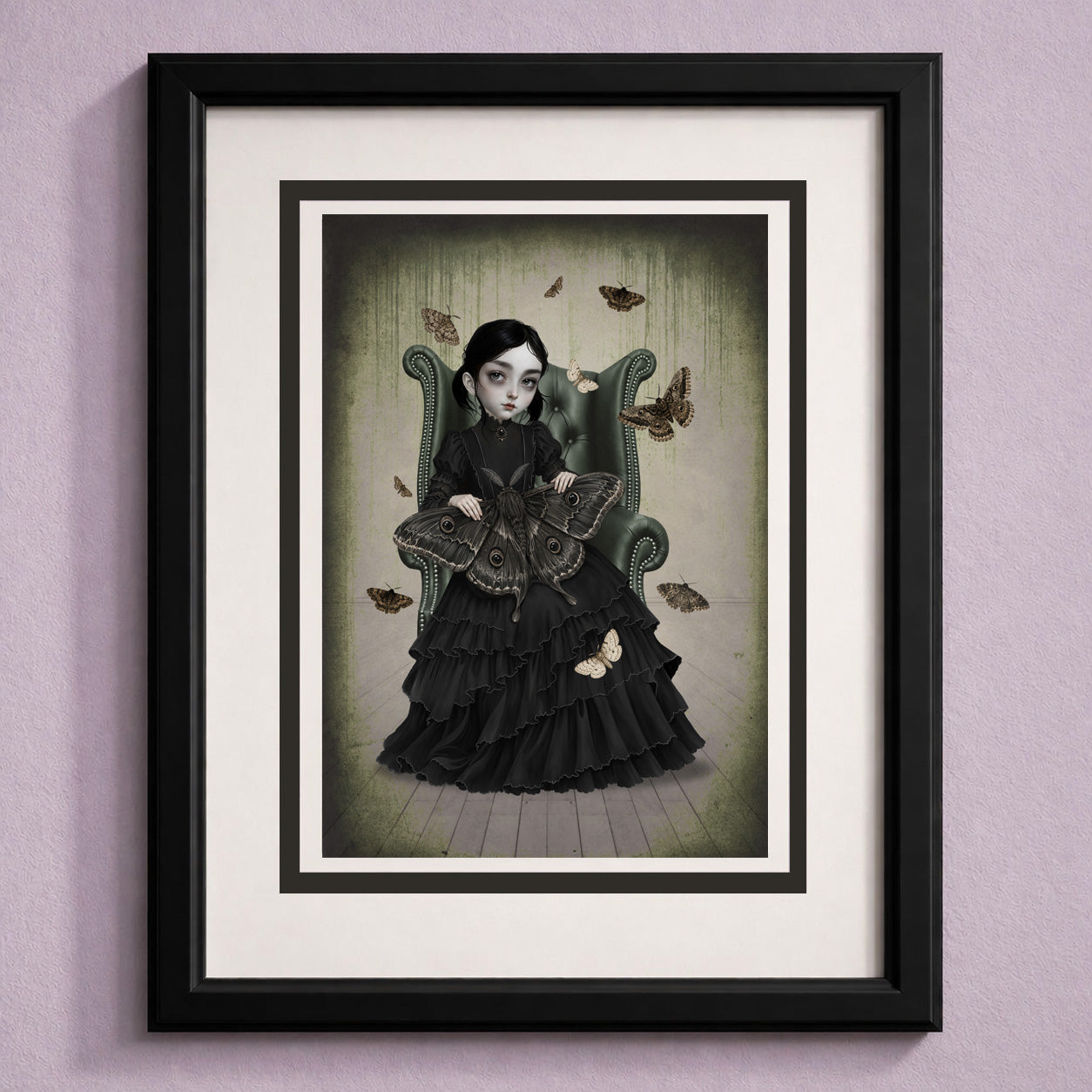 Framed art greeting card featuring a gothic girl with moths sitting in an armchair.