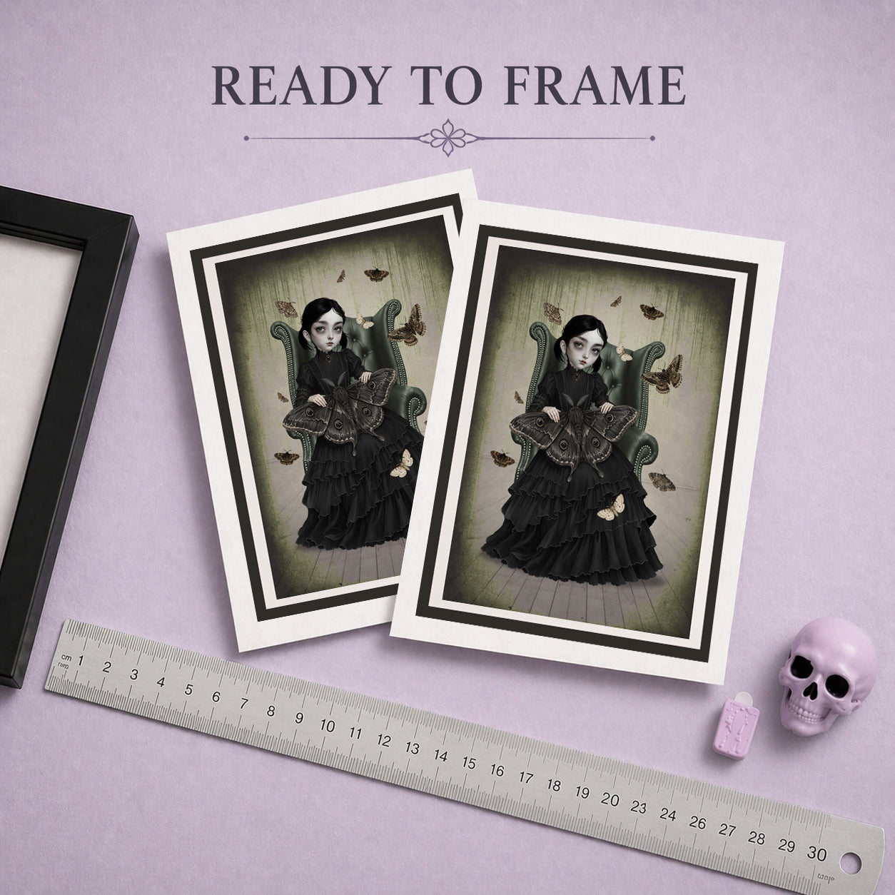 Ready to frame greeting card featuring a gothic girl with moths sitting in an armchair.