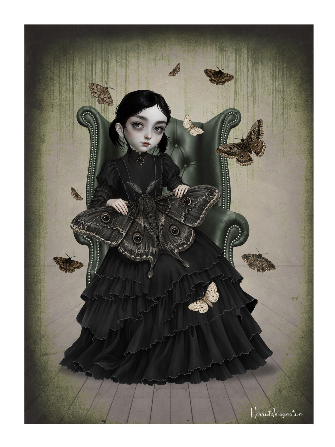 Gothic girl in a black Victorian ruffled dress sitting on a green armchair holding a giant moth, surrounded by fluttering moths in a dark cottagecore art print.