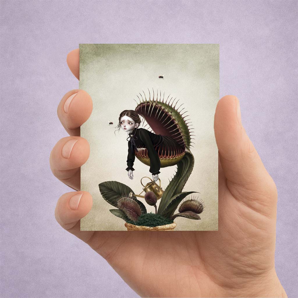 A miniature Victorian gothic ACEO art card of a victorian girl trapped in a giant Venus flytrap.