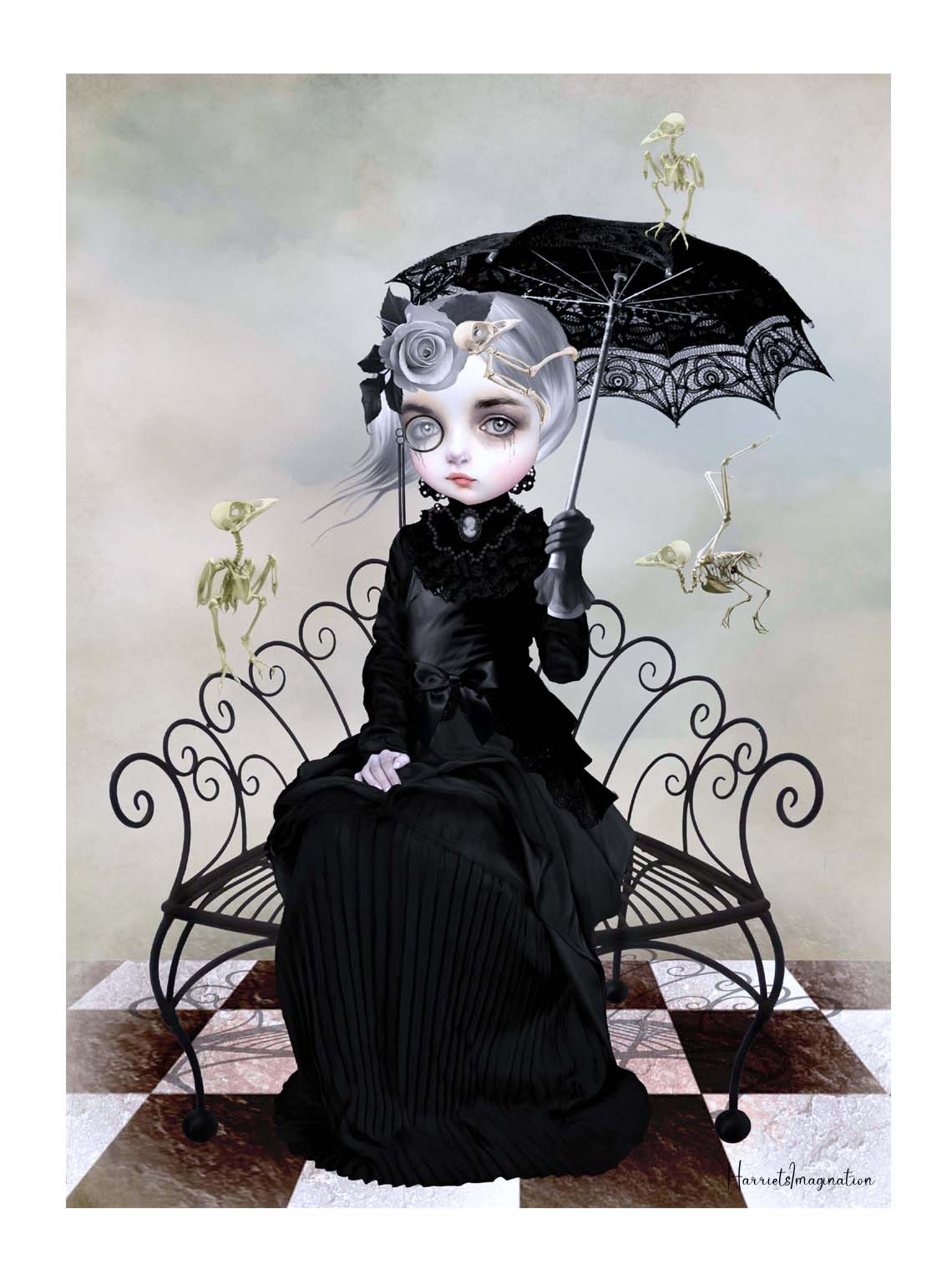  Gothic art with this Victorian lady and skeleton birds print. Depicting a somber woman adorned in black, surrounded by the eerie remains of her beloved birds. 
