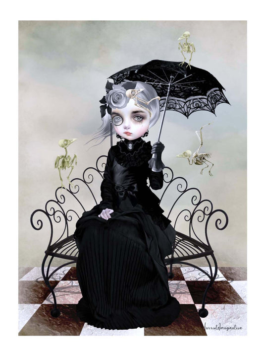  Gothic art with this Victorian lady and skeleton birds print. Depicting a somber woman adorned in black, surrounded by the eerie remains of her beloved birds. 
