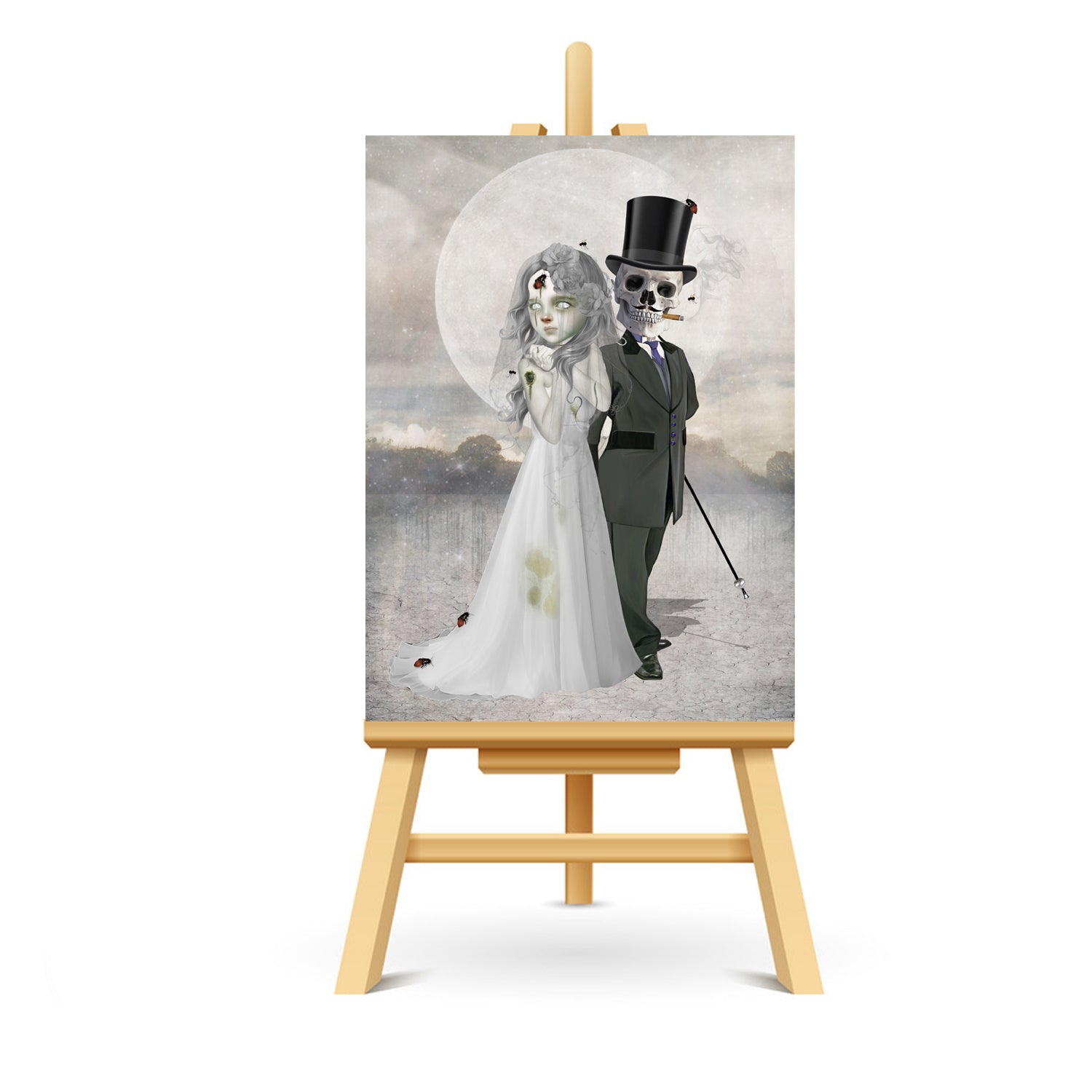 Gothic Wedding ACEO art displayed on a stand. Creepy cute miniature art print showcasing gothic style.