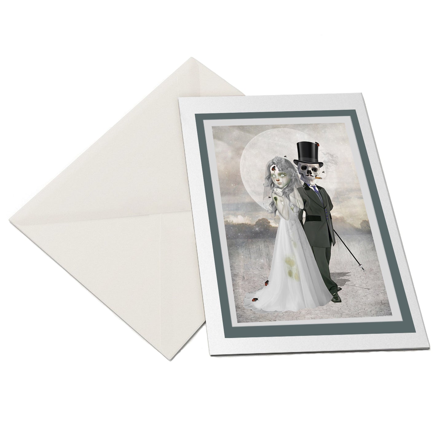 The flat-lay of the Gothic wedding card and matching envelope is ideal for any occasion.