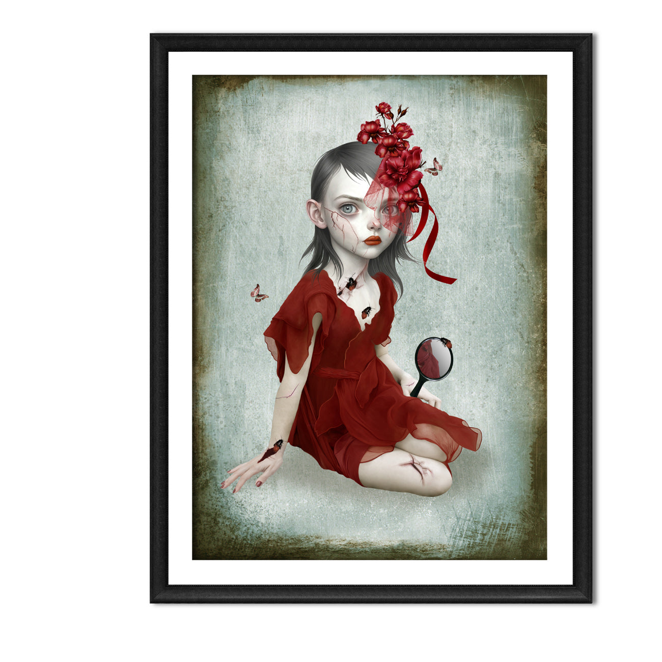 Framed A4 artwork of a girl in a red dress with flowers on her head holding an hand mirror as bugs crawl from within the cracks in her skin
