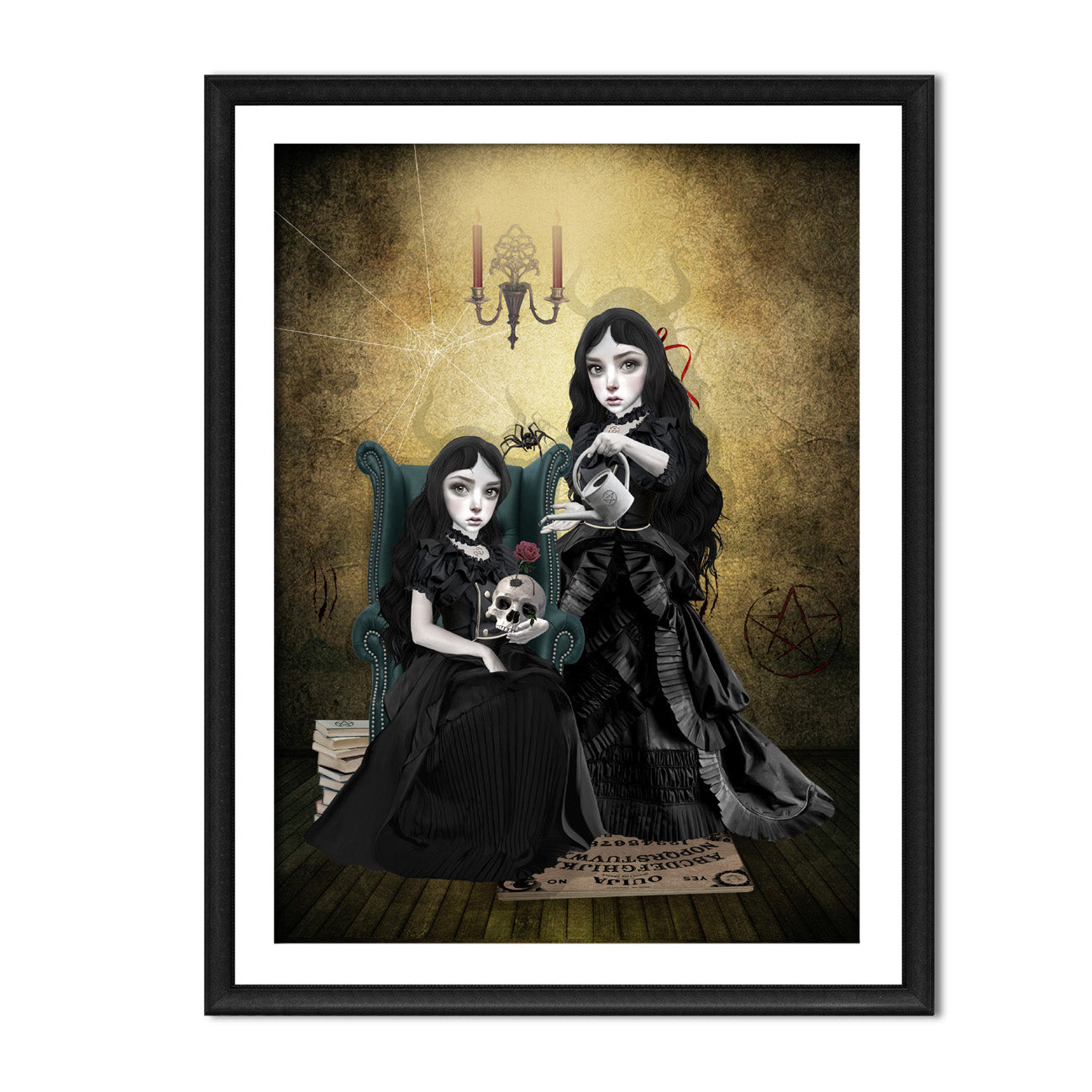 Gothic witch sisters art print in a sleek frame, set against a white background.