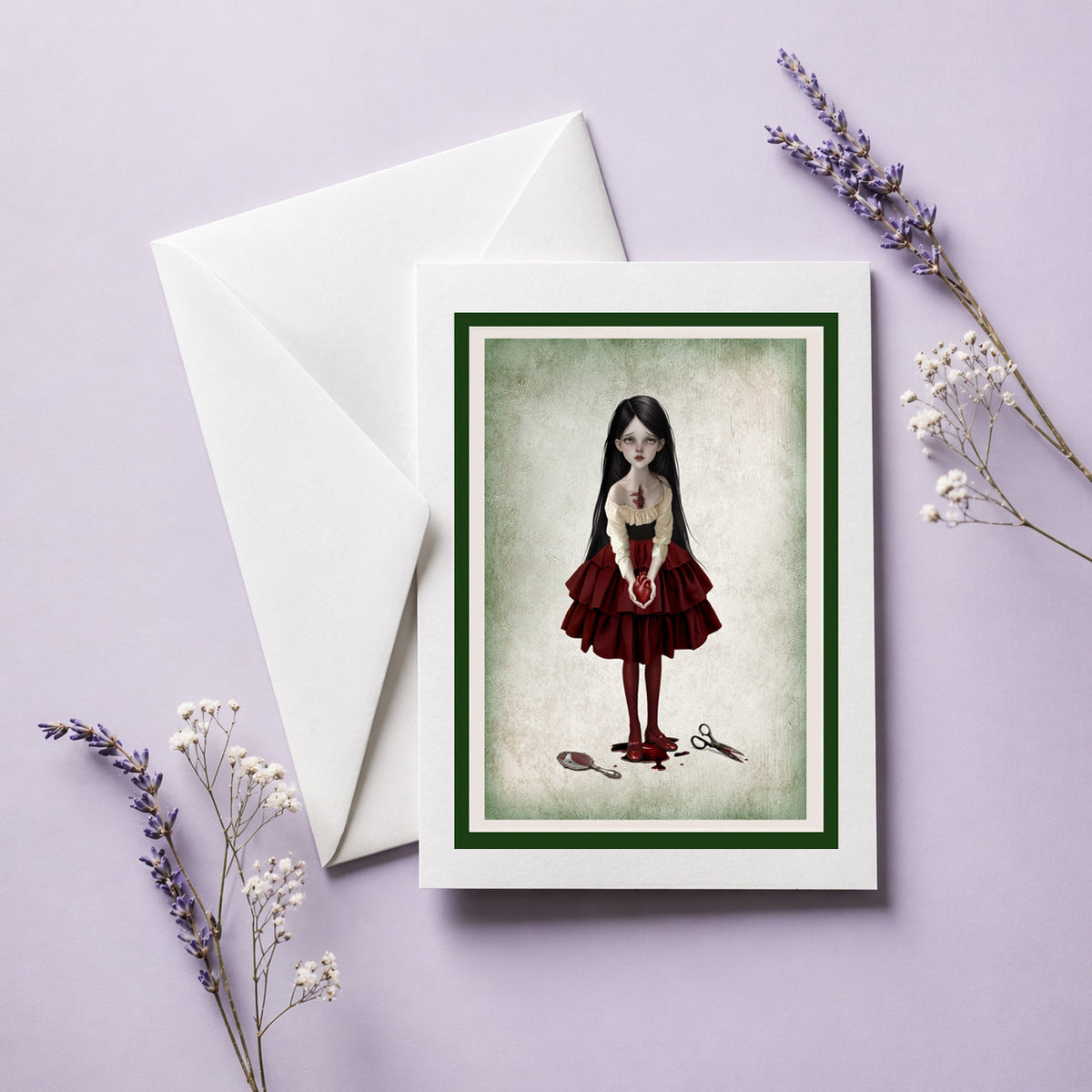 A greeting card with a white envelope, . the card features a gothic illustration of a girl in a red dress holding an anatomical heart.