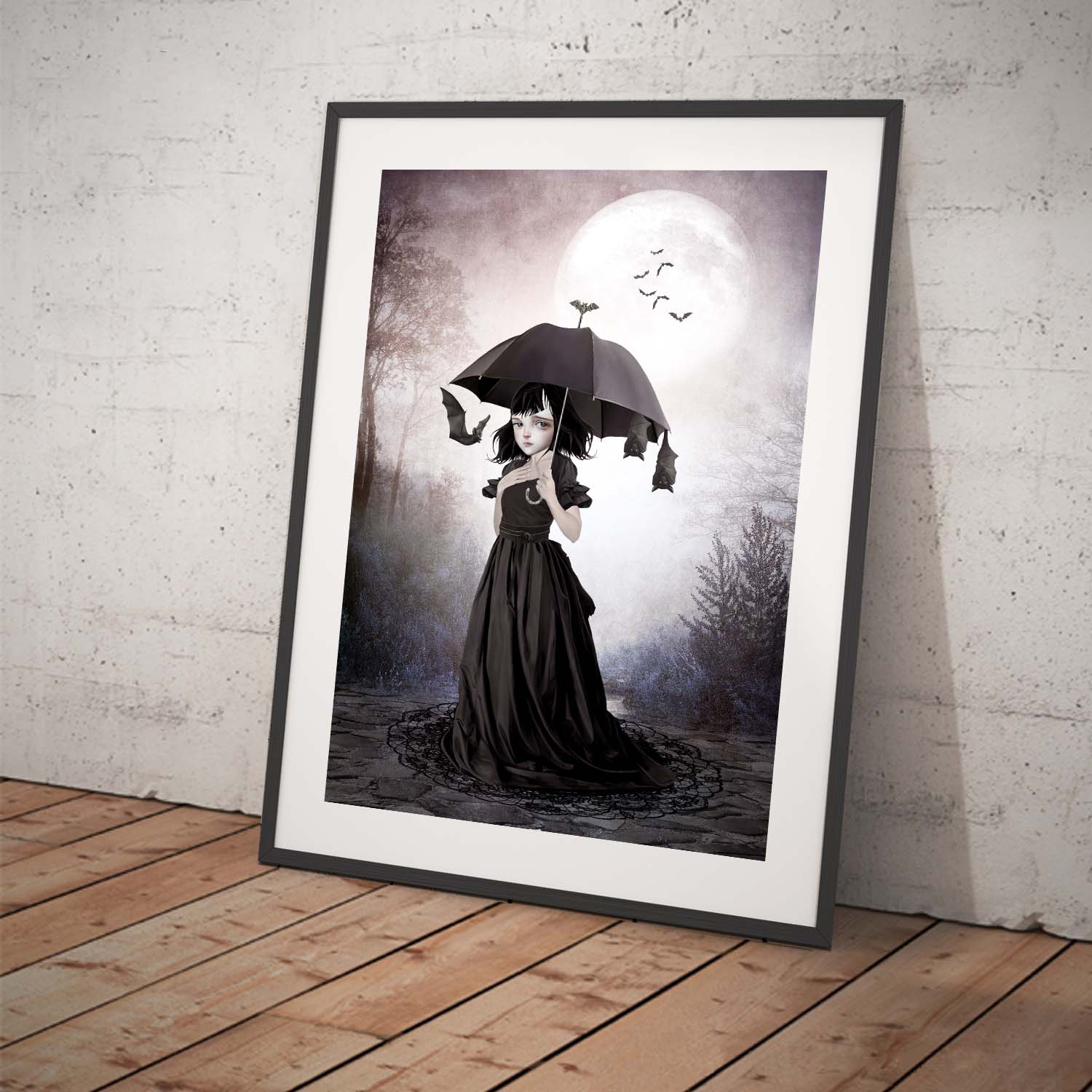 Creepy cute art print, a gothic girl standing under the moonlight, peacefully slumbering with a bat-adorned umbrella in hand - Framed for display.
