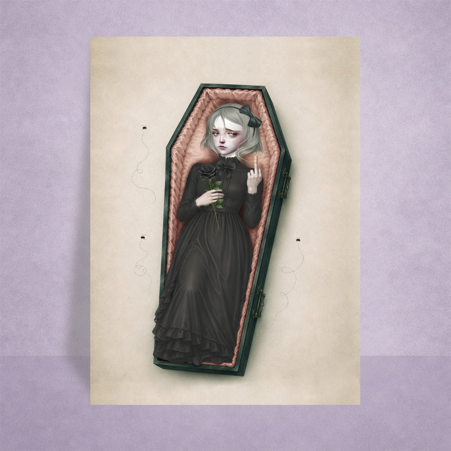 Gothic coffin girl ACEO art card on lilac background display features a Victorian girl lay in a coffin with a wounded finger.