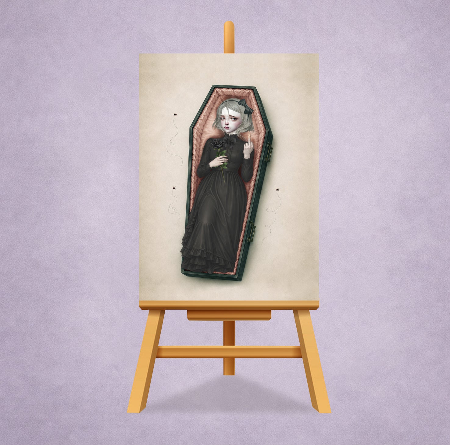 Gothic coffin girl ACEO art card on small display stand features a Victorian girl lay in a coffin with a wounded finger.