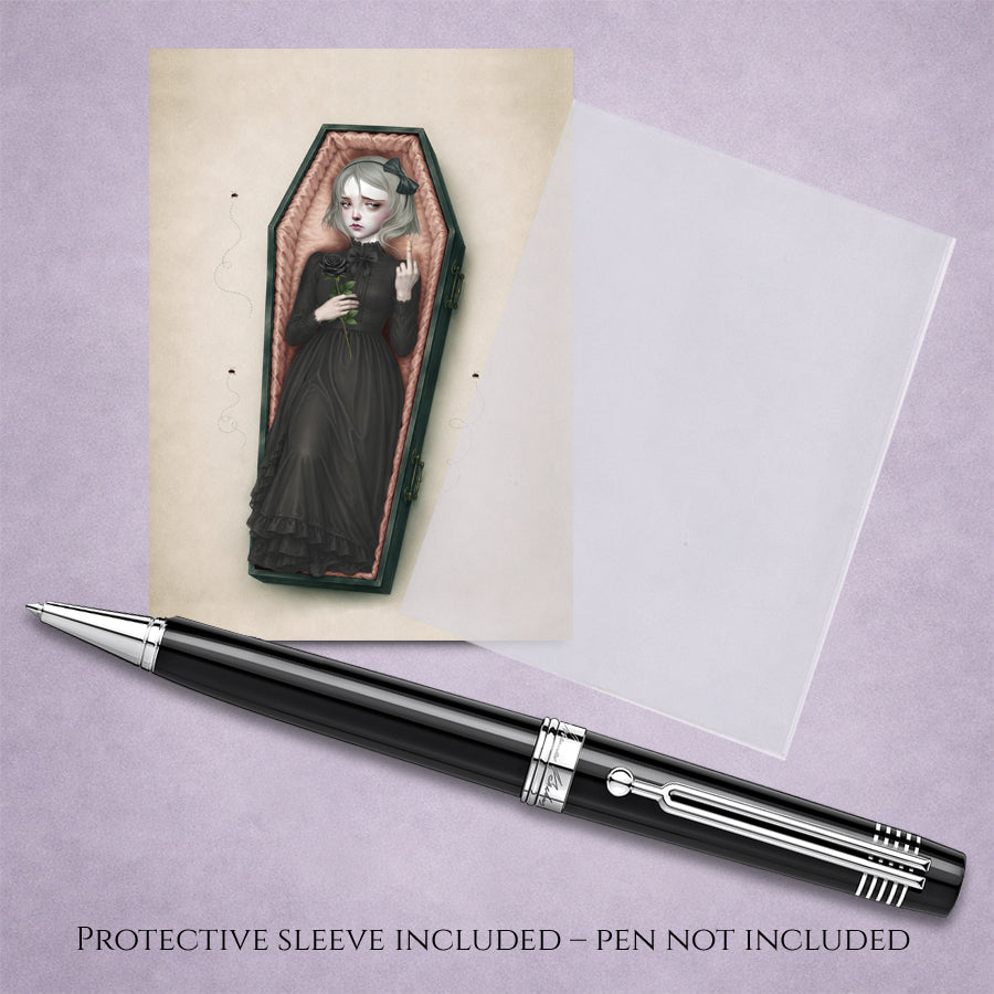 Gothic coffin girl ACEO art card with protective sleeve features a Victorian girl lay in a coffin with a wounded finger.