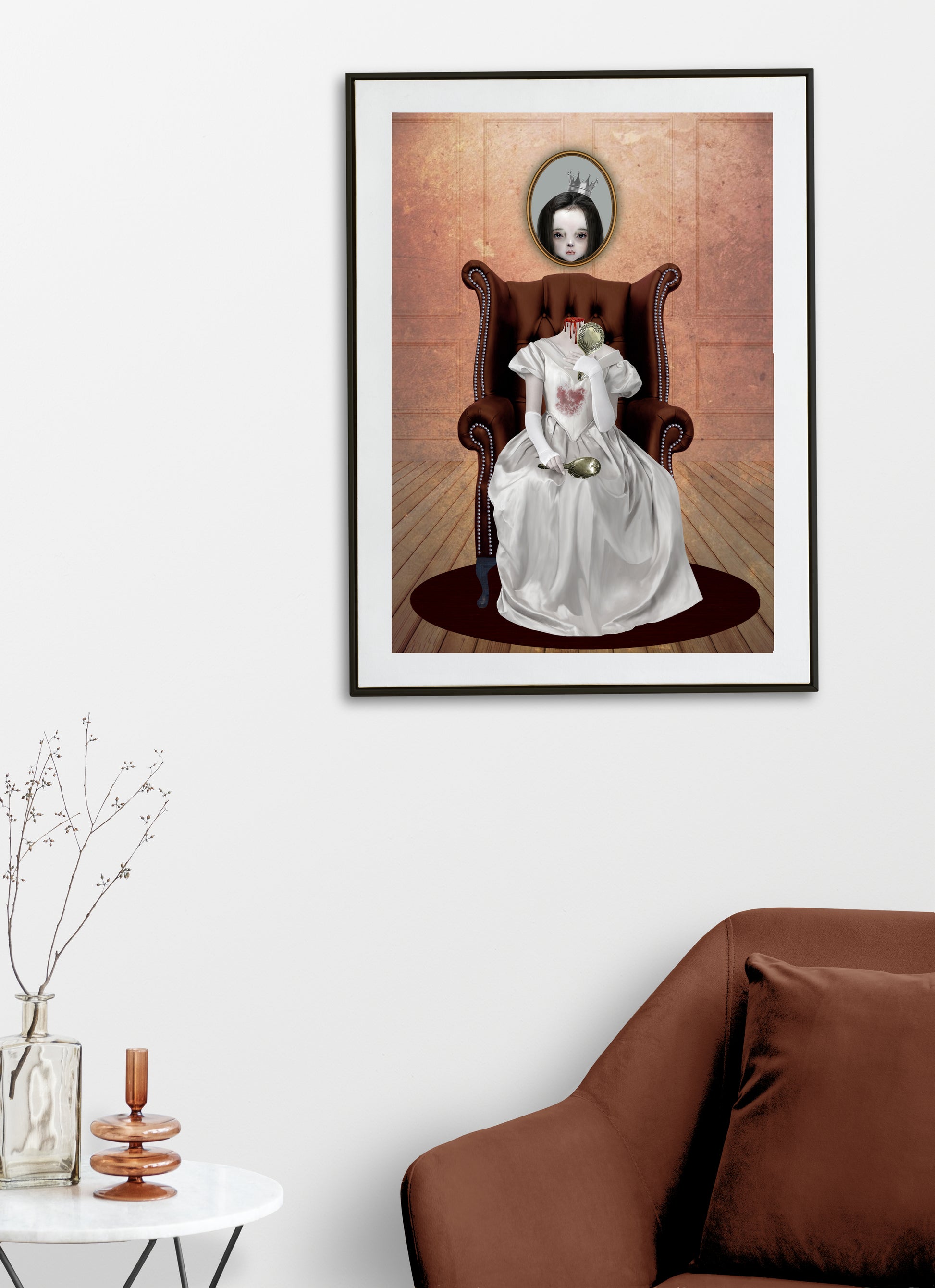 Headless Woman Art Print on living room wall. This haunting piece features a headless lady, gripping a hand mirror, while her portrait looms above