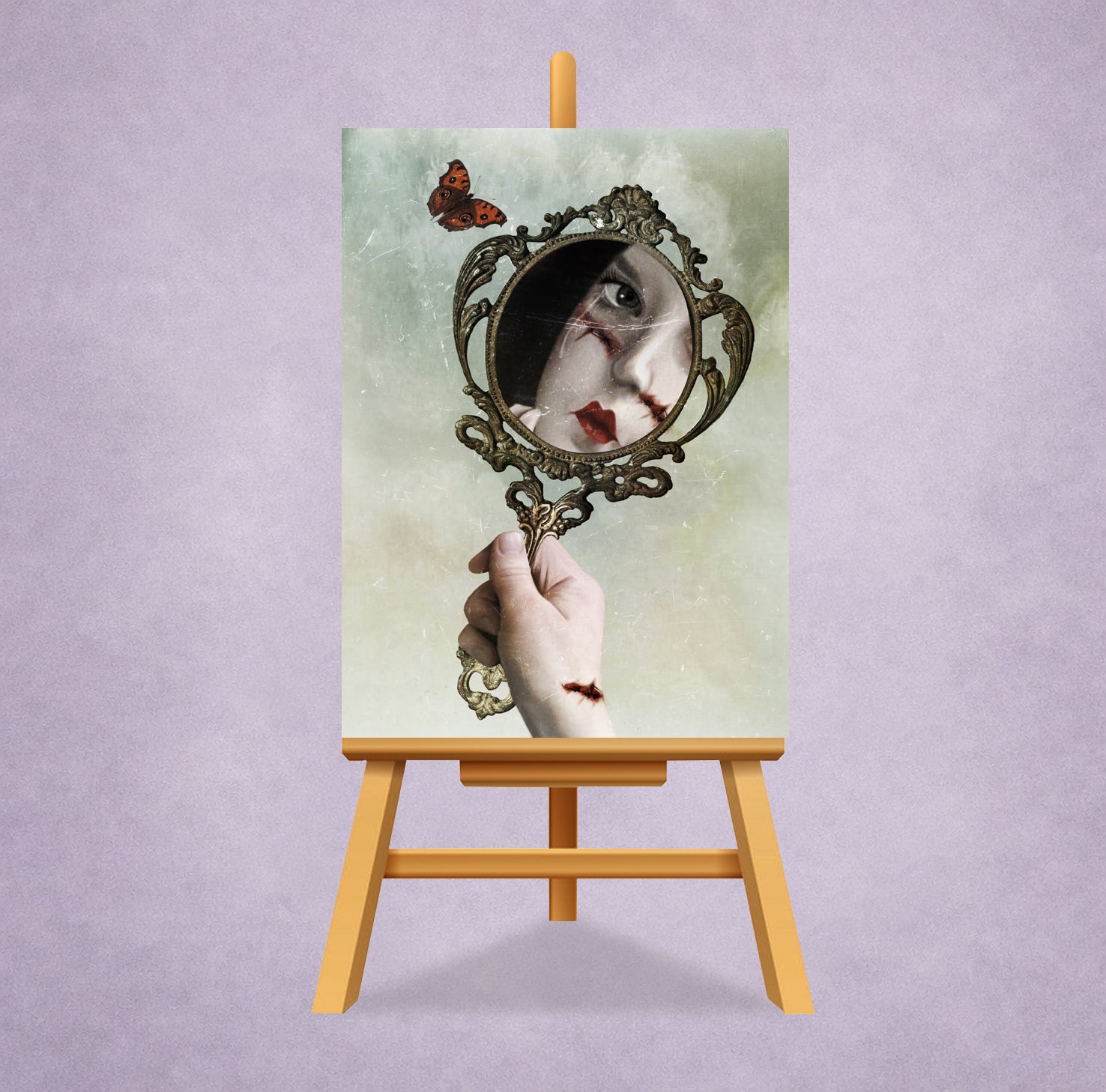 Dark surrealism ACEO art card on a miniature display stand featuring a gothic mirror, stitched portrait reflection and butterfly.