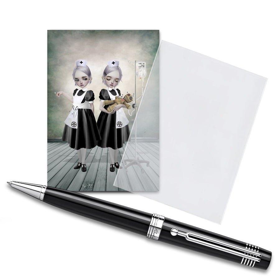 Artist trading card, two gothic nurses tending to a voodoo doll. One inserts pins with precision, while the other administers an IV of fluffy stuffing.