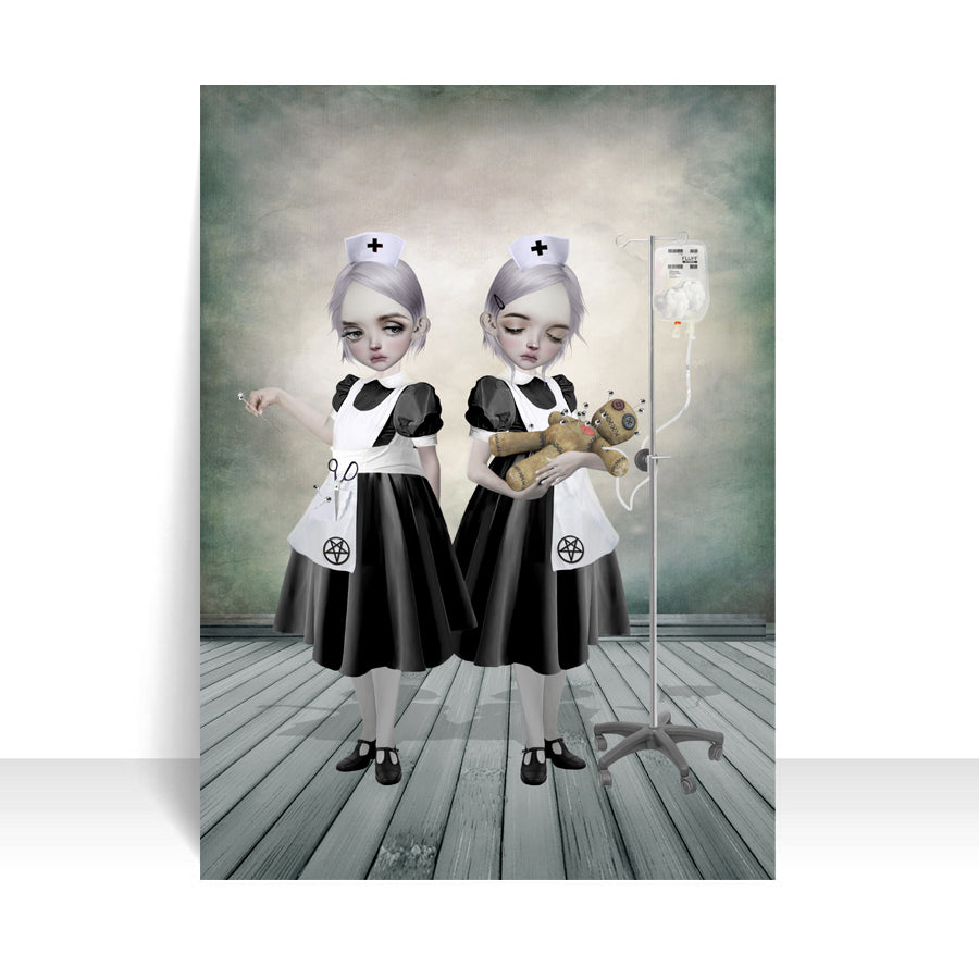 Gothic artist trading card features two eerie yet charming nurses tending to a voodoo doll. One inserts pins with precision, while the other administers an IV of fluffy stuffing.
