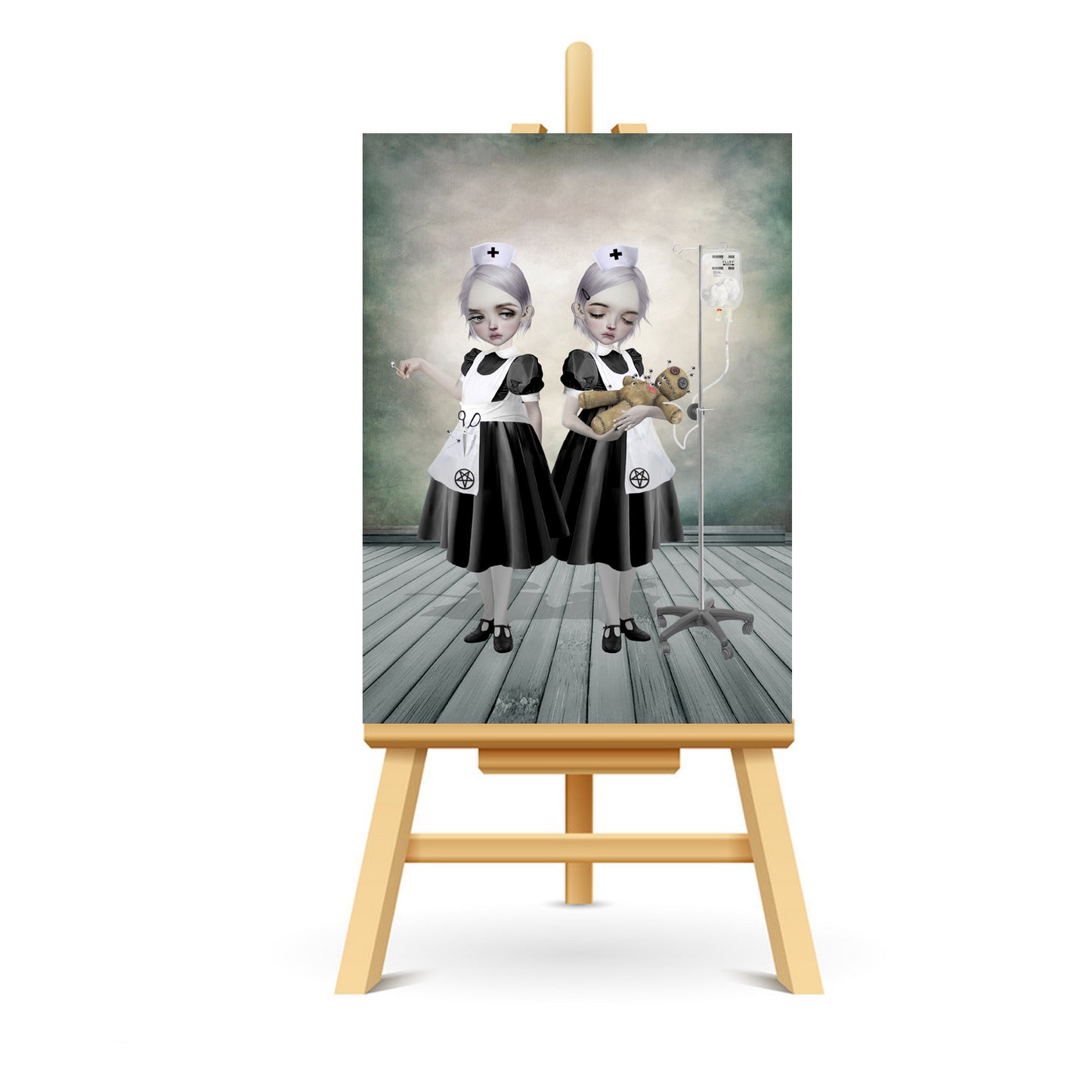 Gothic ACEO features two eerie yet charming nurses tending to a voodoo doll. One inserts pins with precision, while the other administers an IV of fluffy stuffing.