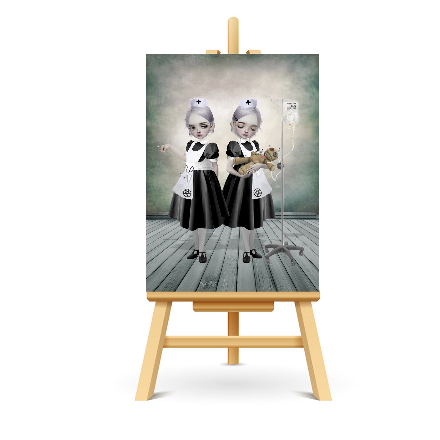 Gothic ACEO features two eerie yet charming nurses tending to a voodoo doll. One inserts pins with precision, while the other administers an IV of fluffy stuffing.