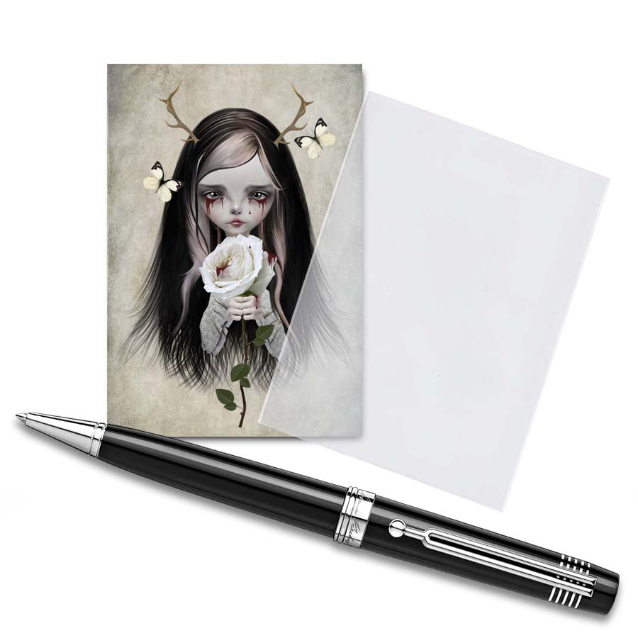 ACEO card, Rose Red adorns antlers and bleeding eyes, clutching a white rose. Witness the crimson tears that have stained this delicate flower.&nbsp; 