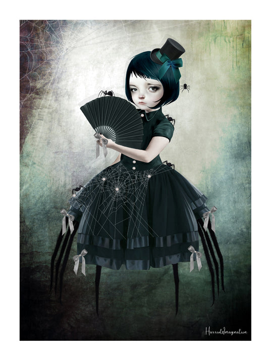 Gothic art print features a human-spider girl, clad in sleek black. With her elegant merging of woman and arachnid, she is surrounded by an array of tiny spider