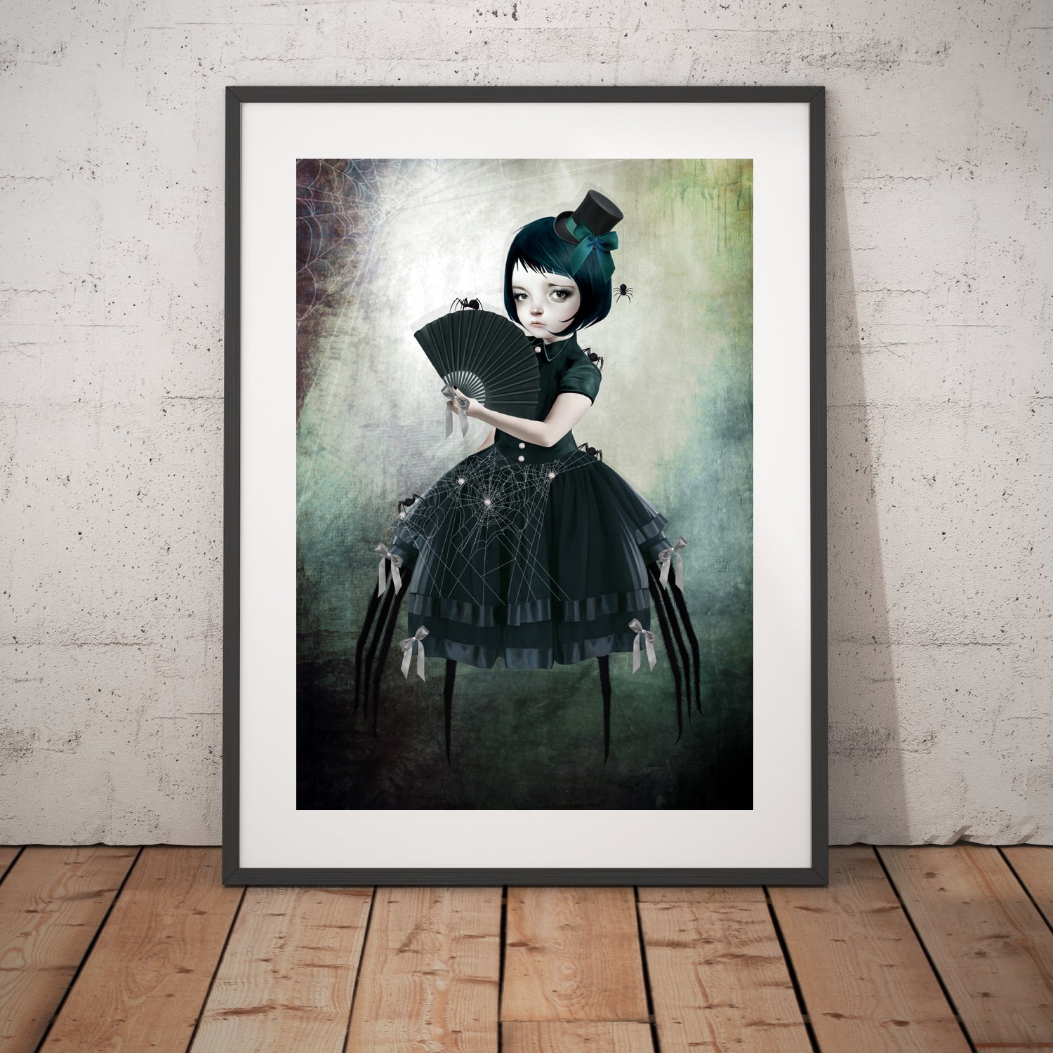 gothic art print features a spider girl, clad in sleek black. With her merging of woman and arachnid, she is surrounded by an array of tiny spiders.
