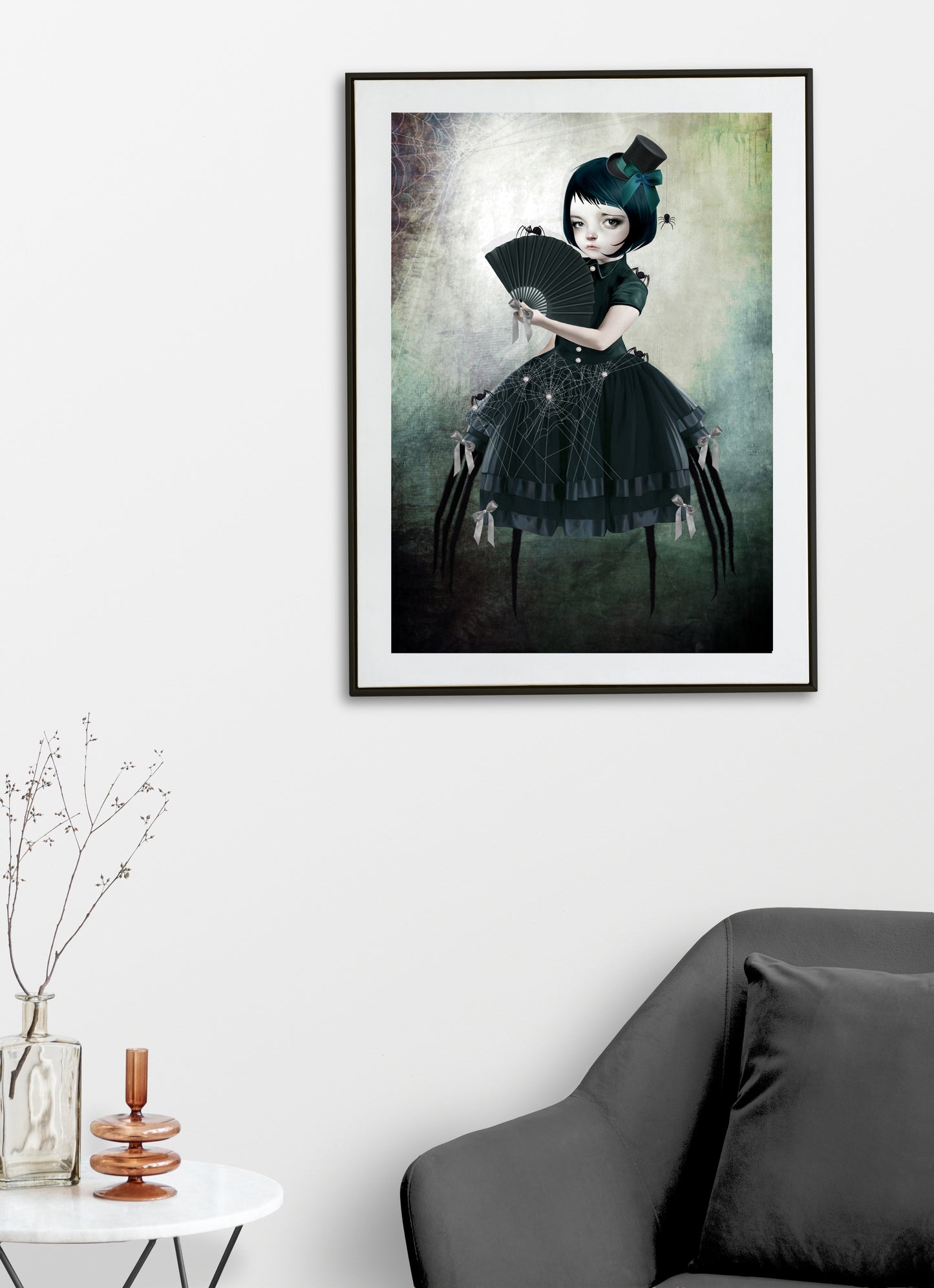 gothic art print on living room wall features a human-spider girl, clad in sleek black. With her elegant merging of woman and arachnid, she is surrounded by an array of tiny spider