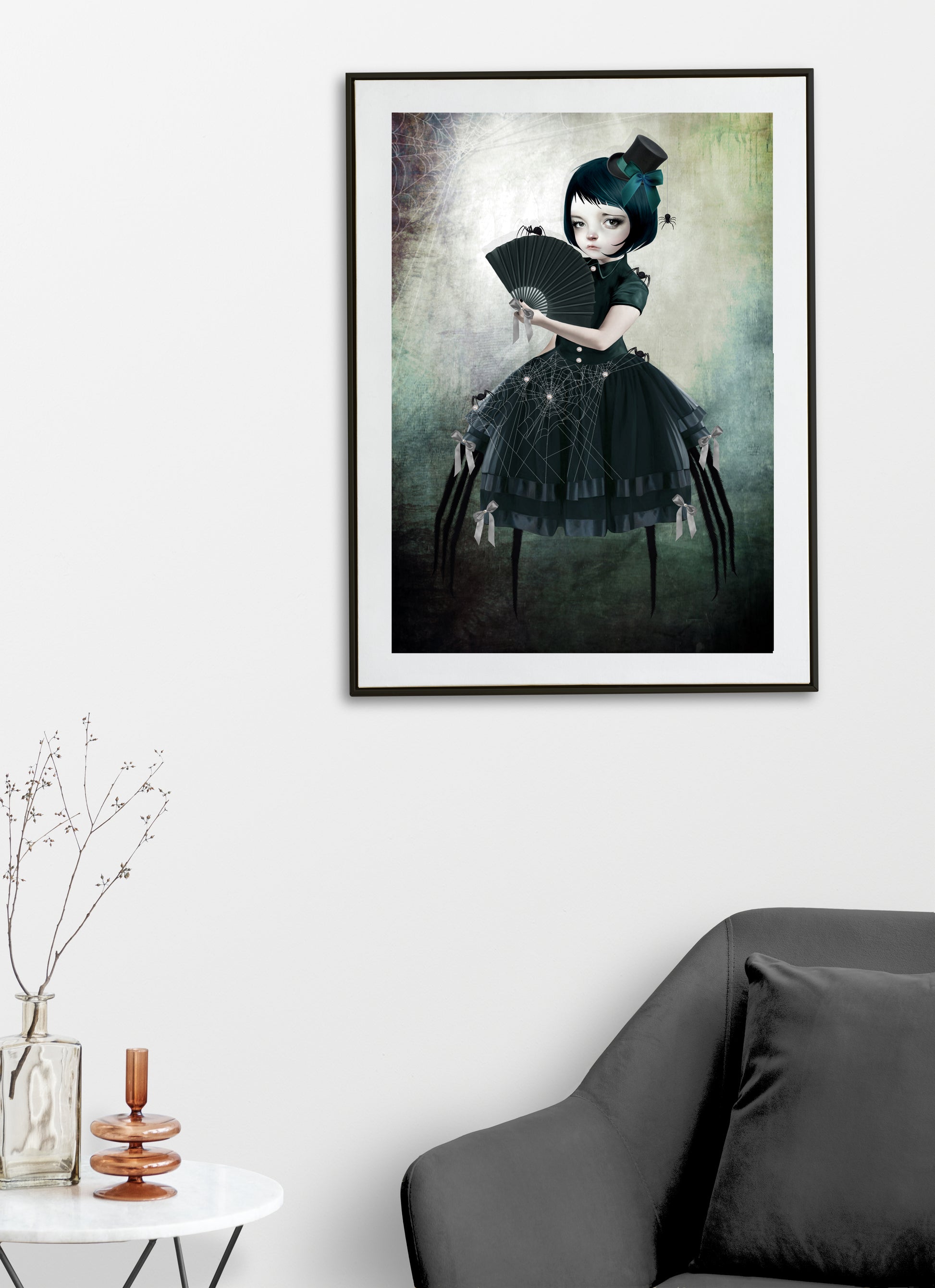 gothic art print on living room wall features a human-spider girl, clad in sleek black. With her elegant merging of woman and arachnid, she is surrounded by an array of tiny spider