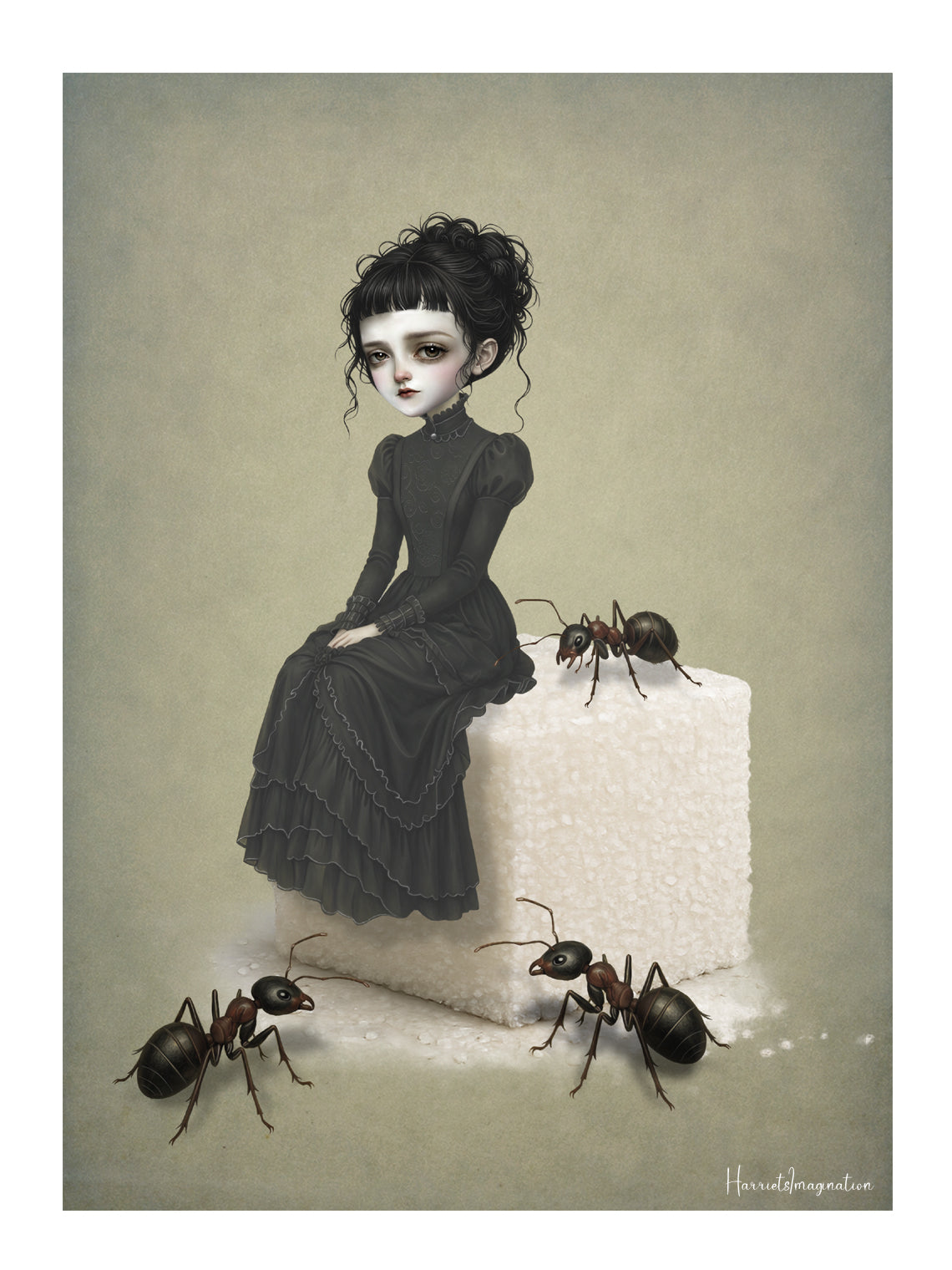 Gothic sugar cube girl art print beautifully blends dark whimsy and surreal insect illustration for alternative decor.