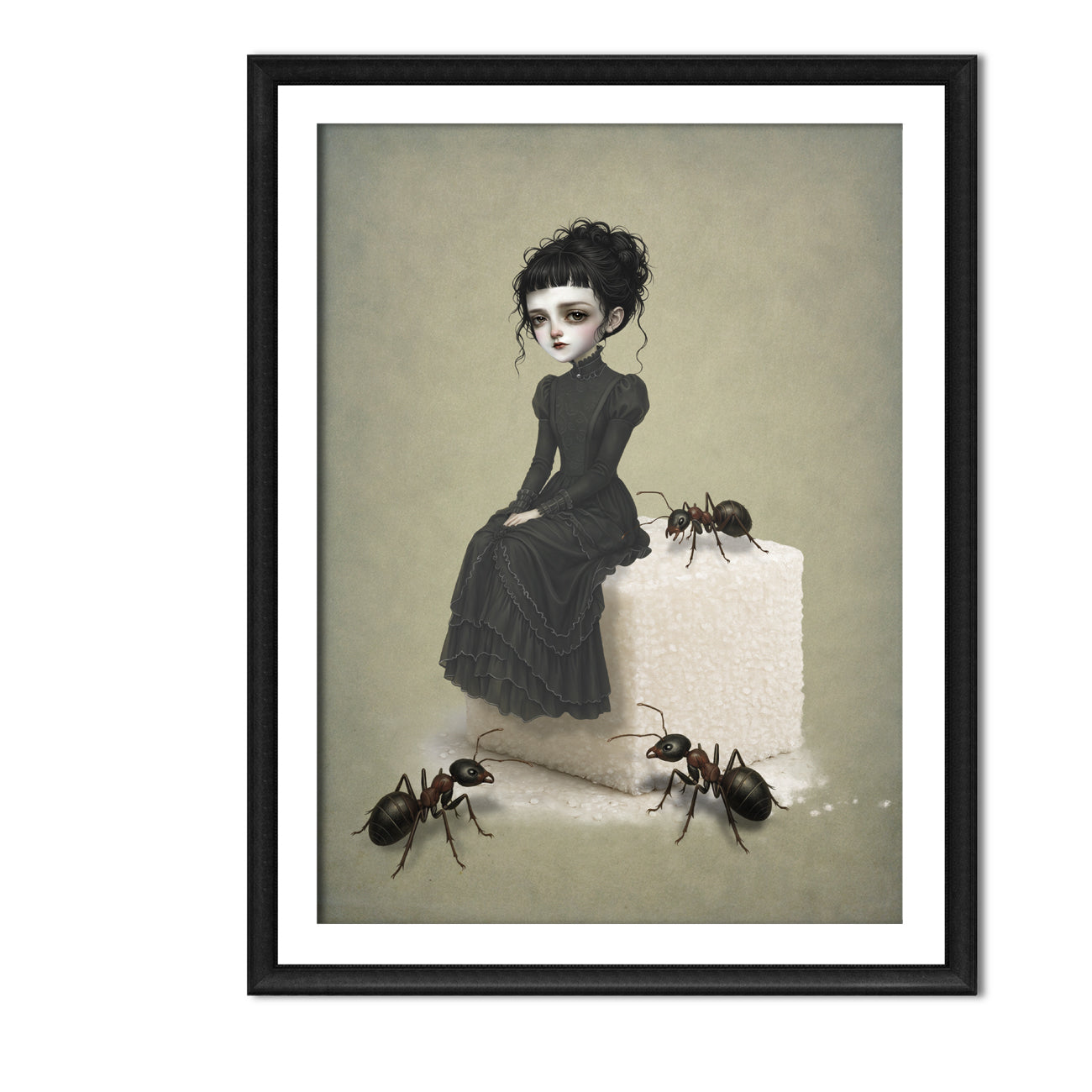  A dark whimsy pop surrealism art print in an A4 frame features a melancholy young woman in a black Victorian ruffled dress sitting on top of a giant white sugar cube, surrounded by three large, realistic ants on a muted green background.