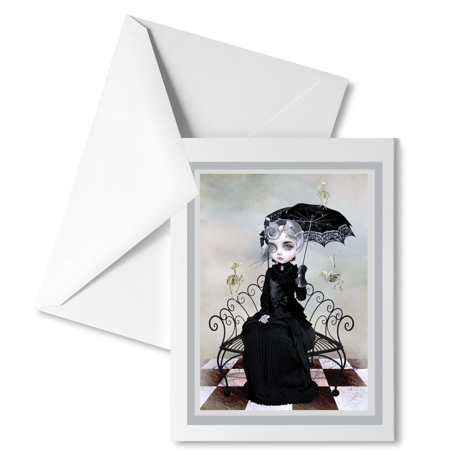 Gothic greeting card features a Gothic Victorian lady dressed in mourning attire, grieving for her beloved birds. But in a surreal twist, the birds have returned in skeletal form
