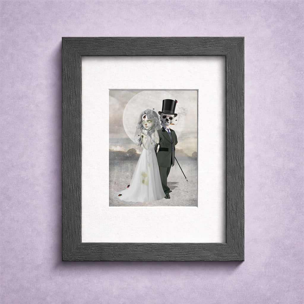 gothic wedding ACEO art card in frame Features a skeleton groom and ghost bride.