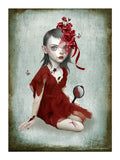 Artistic depiction of a girl in a red dress with floral headpiece and cracks in her skin which bugs are crawling from.