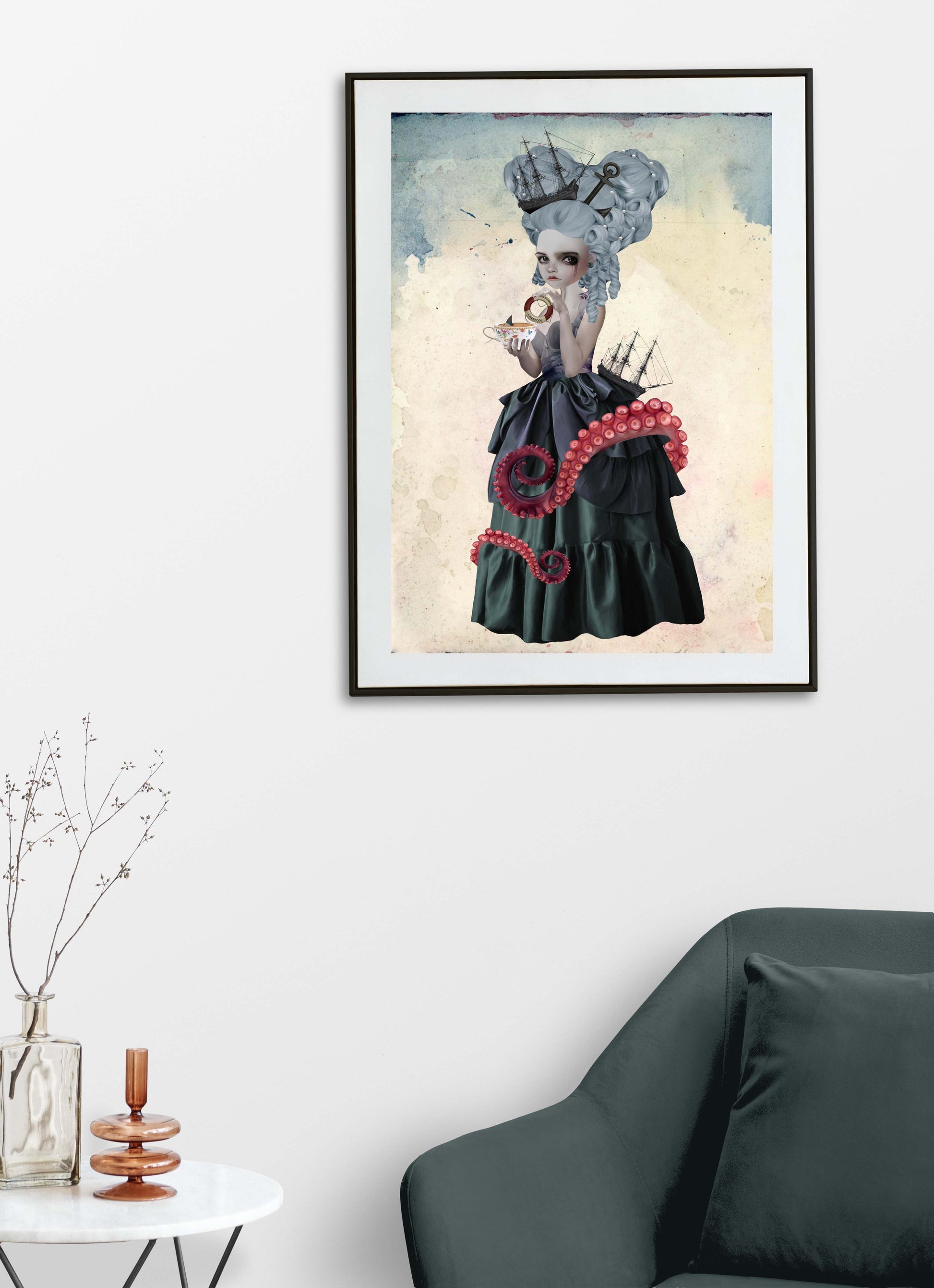 Greek Mythology pop surrealism art print framed on living room wall. Amphitrite adorned with swirling tentacles and dipping a buoy ring into a teacup.