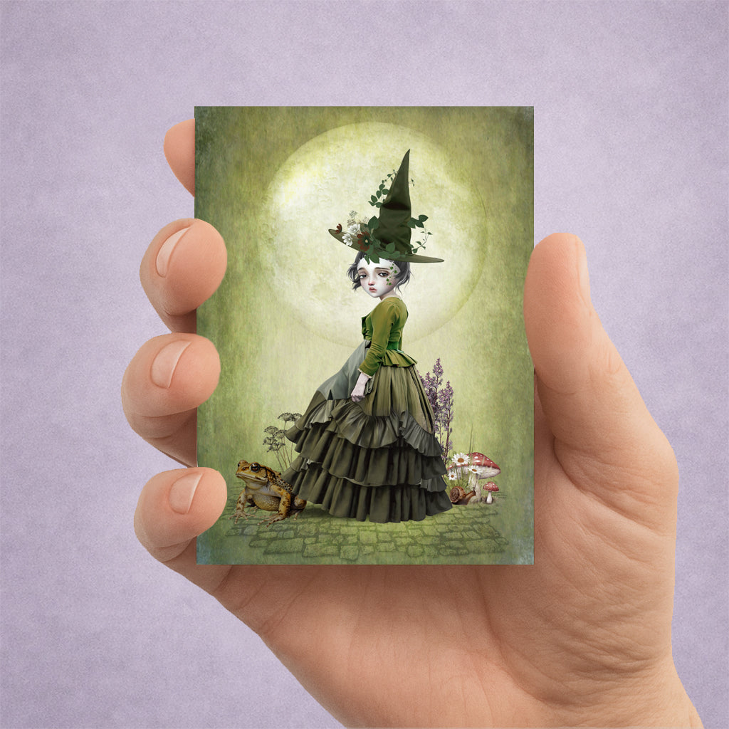 Gothic witch ACEO art print featuring a miniature dark fantasy illustration of a green witchling and giant toad