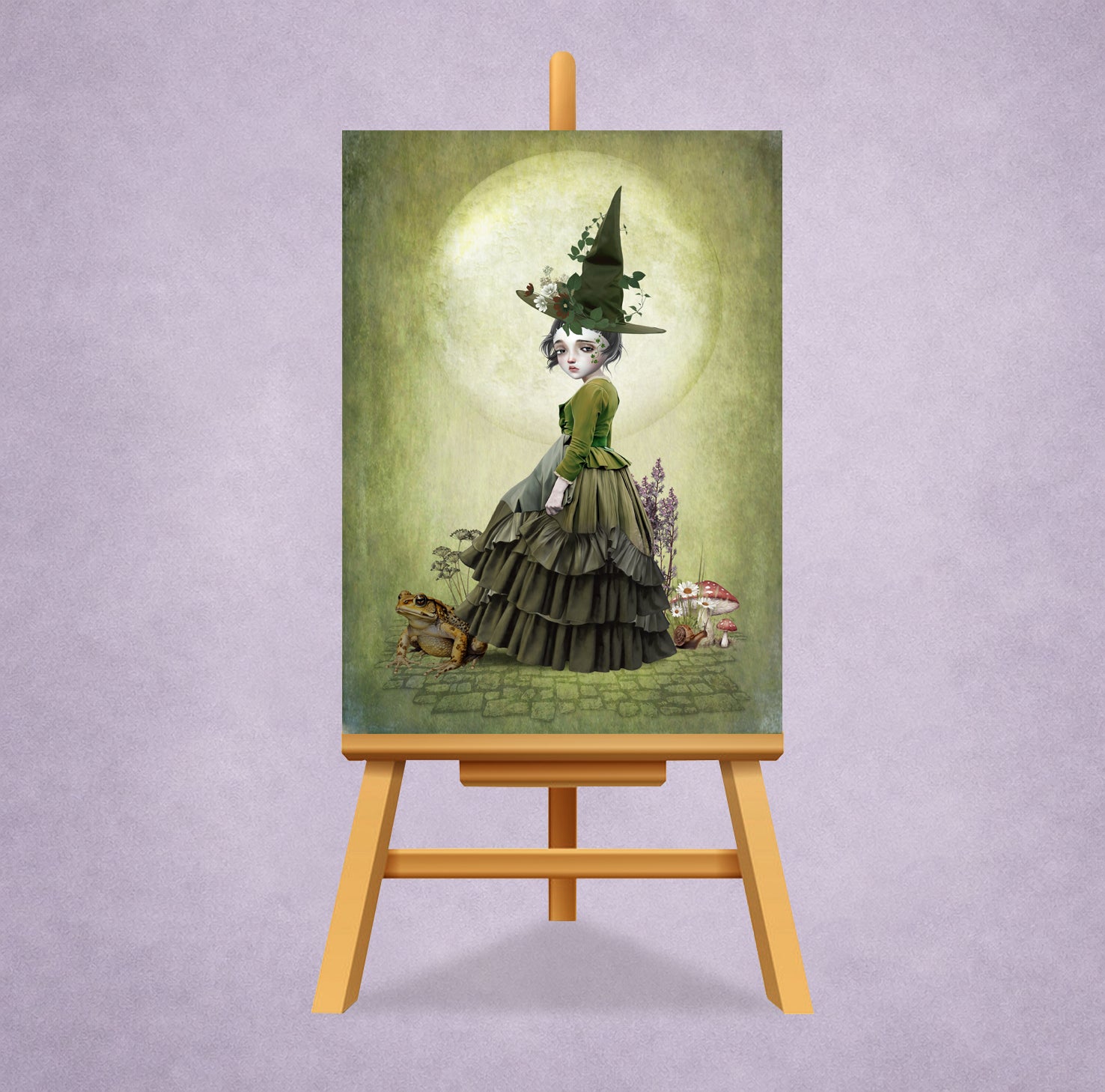 gothic witch ACEO art print on small display stand featuring a miniature dark fantasy illustration of a green witchling and giant toad.