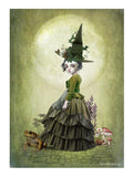  whimsical dark fantasy illustration of a witchling with a giant toad under a full moon. 