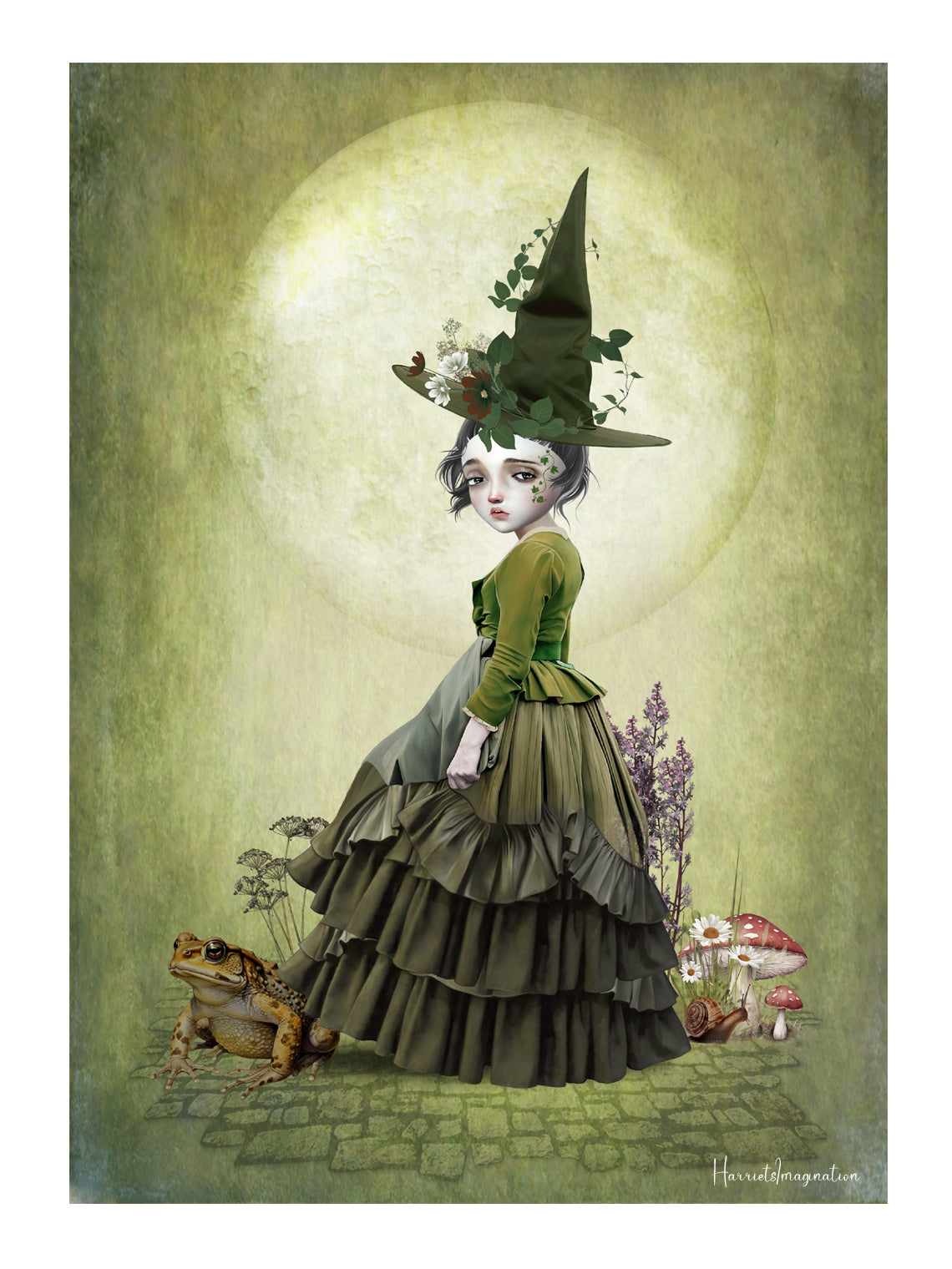  whimsical dark fantasy illustration of a witchling with a giant toad under a full moon. 