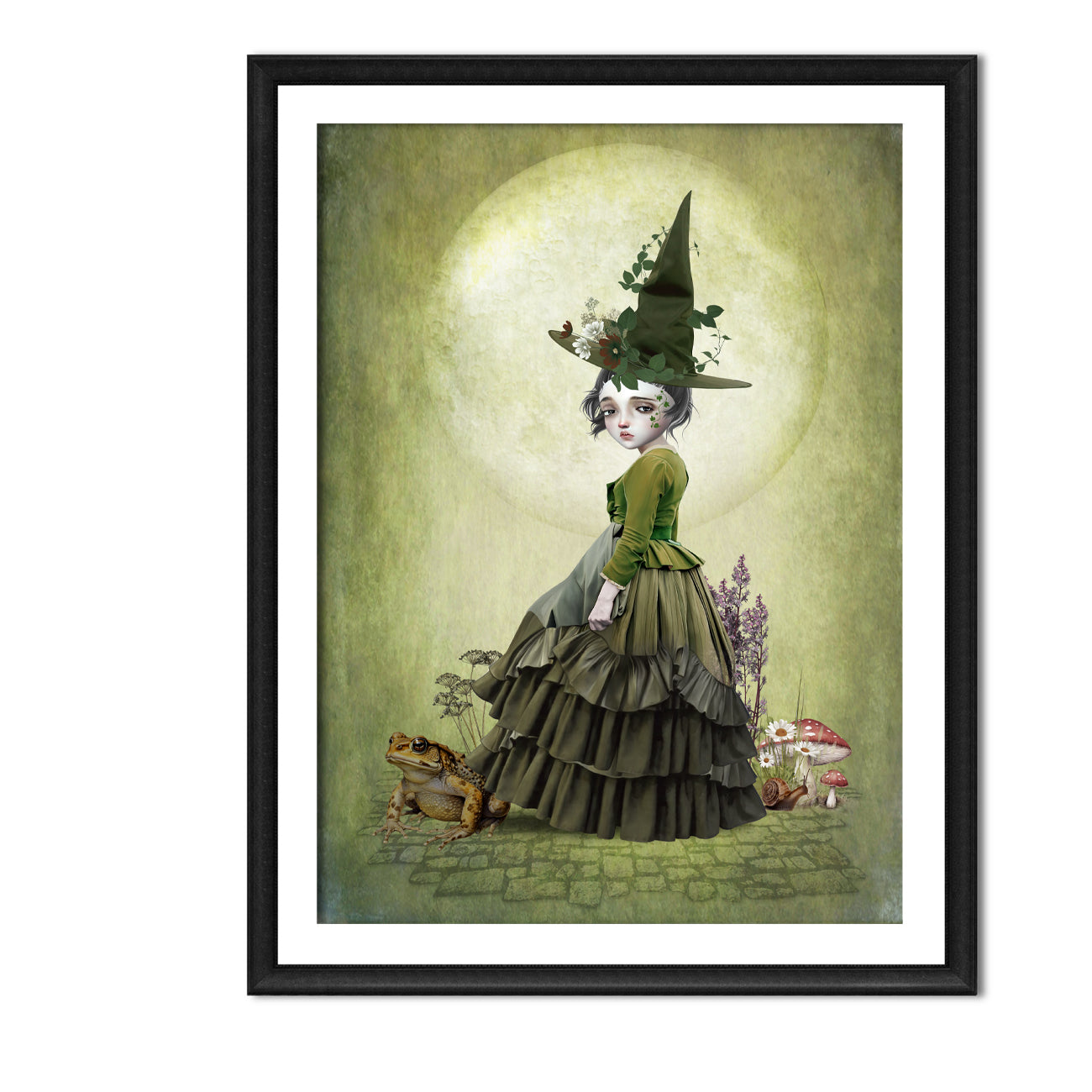 Framed artwork of a witchling with a giant toad under a full moon.
