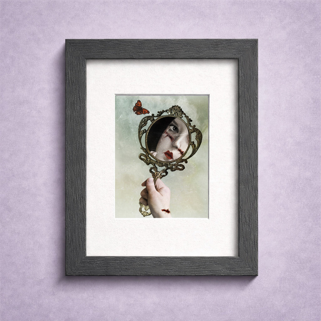 Framed Dark surrealism ACEO art card with a gothic mirror, stitched portrait reflection and butterfly.