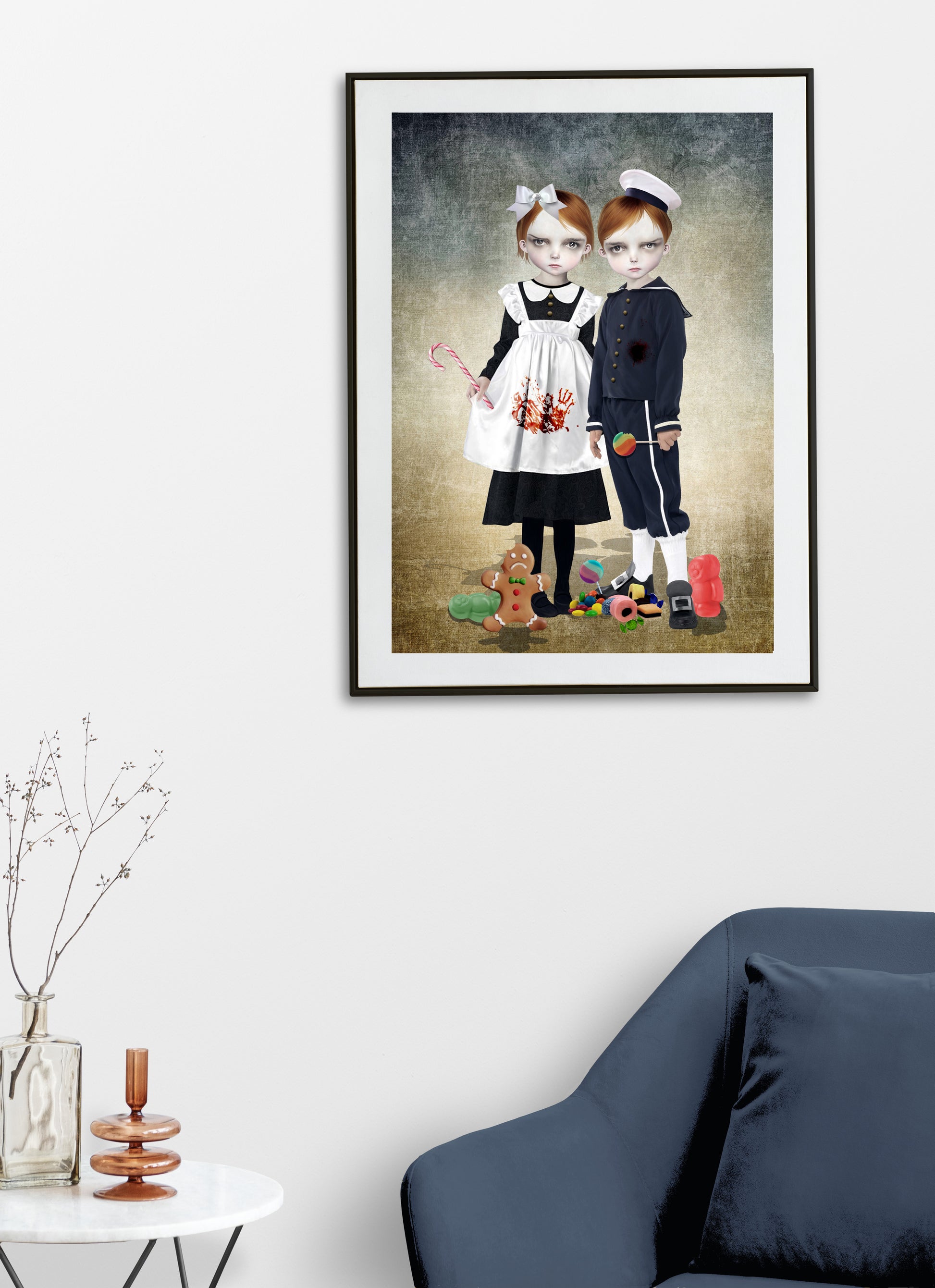  Gothic Fairy tale art print framed on living room wall, features a creepy and compelling depiction of the infamous villains, Hansel and Gretel. With a darkly whimsical tone, 