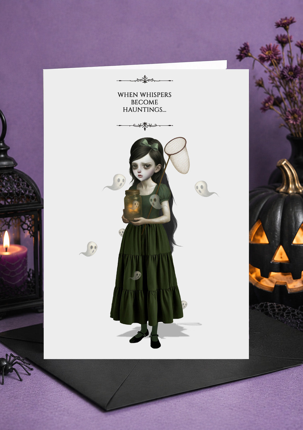 Haunted gothic 5x7 card, dark aesthetic girl catching ghosts in a jar