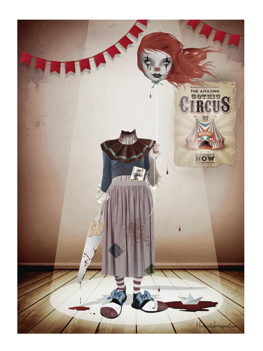 A macabre art print featuring a headless clown, displayed without a frame.