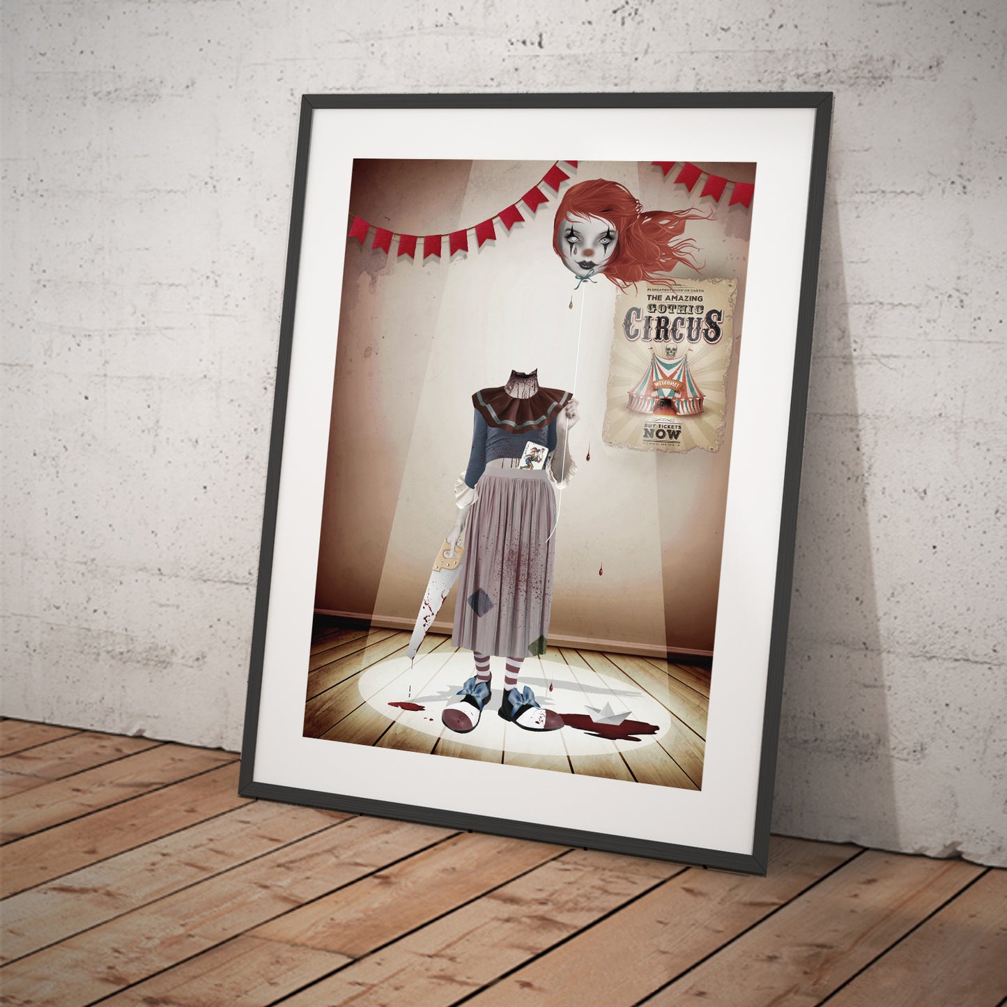 Art print featuring a headless clown. Displayed in a tilted frame for a stylish presentation. Perfect for creepy cute or macabre-themed decor.