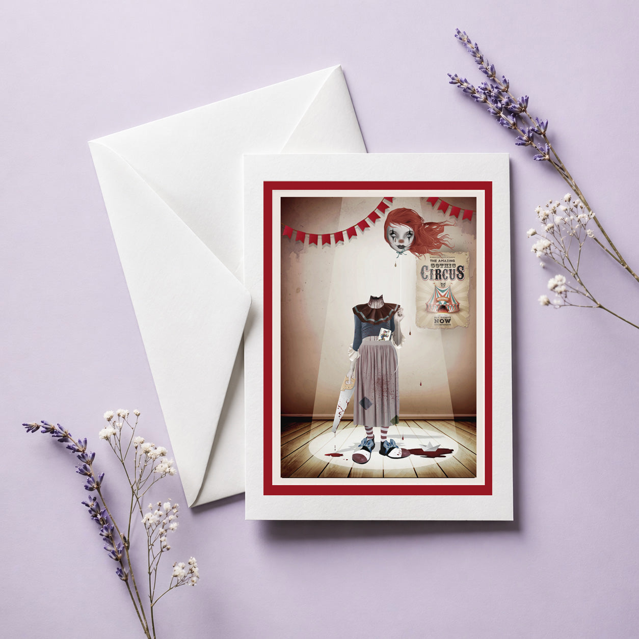 Art greeting card with a vintage circus horror theme on a purple background