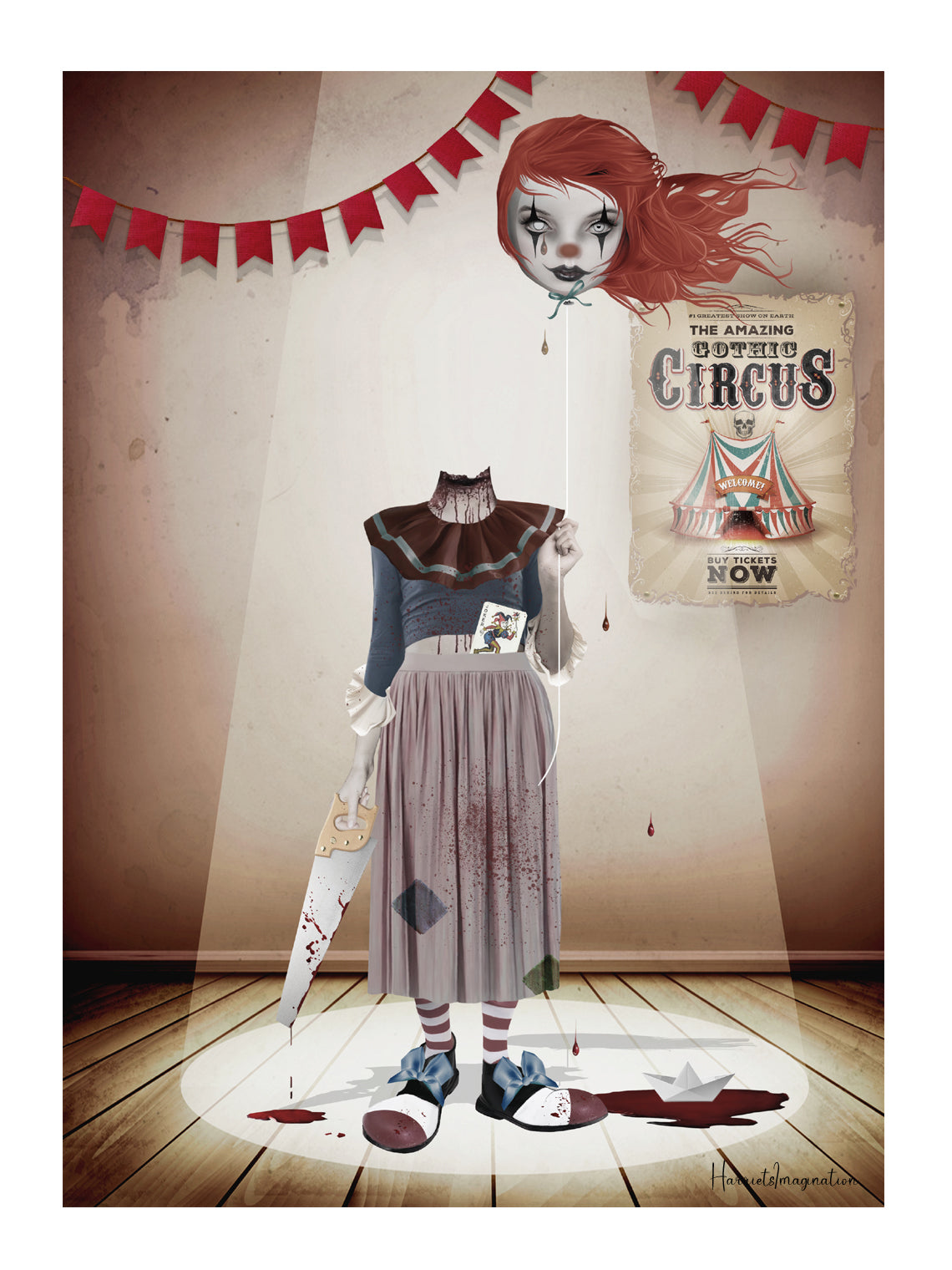 Gothic art print of a headless clown figure holding  head instead of balloon with a vintage circus poster.