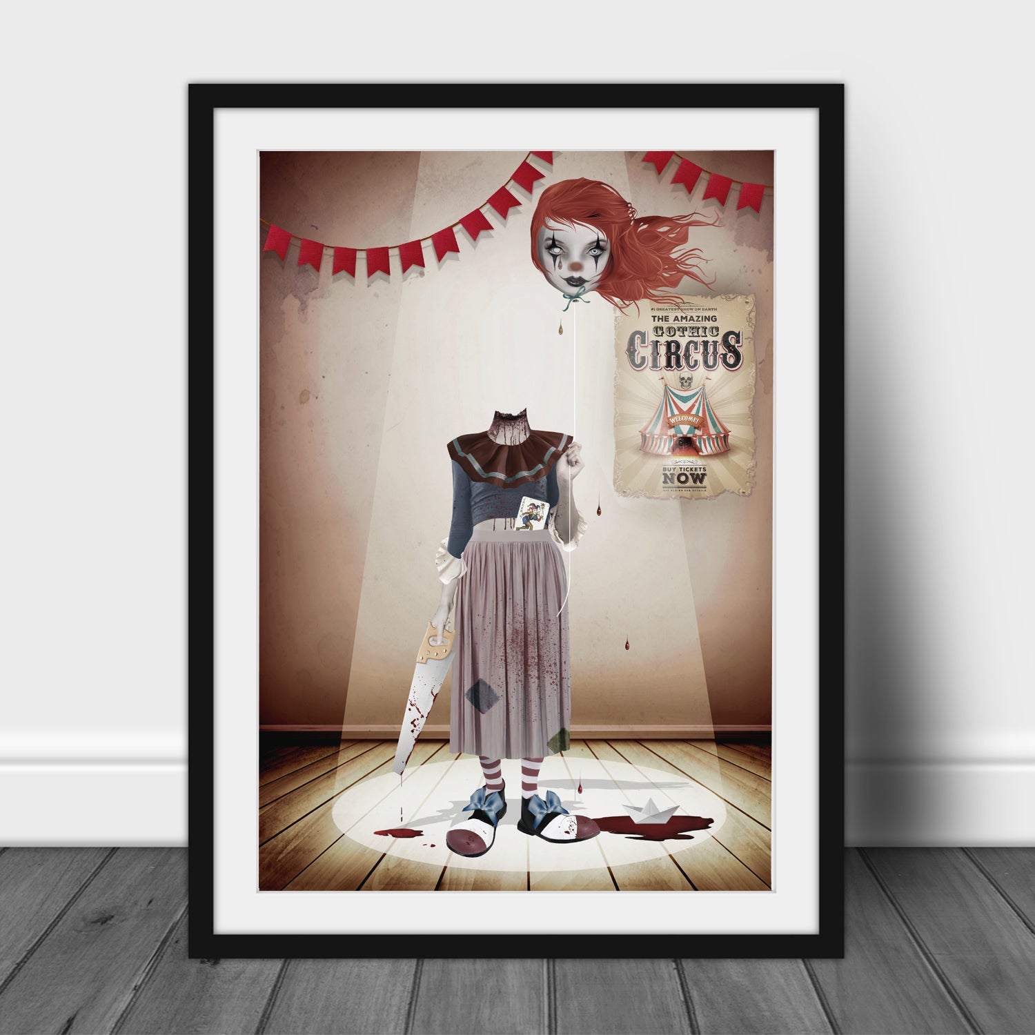 Framed artwork of a headless clown holding an hand saw in a room with a circus poster.