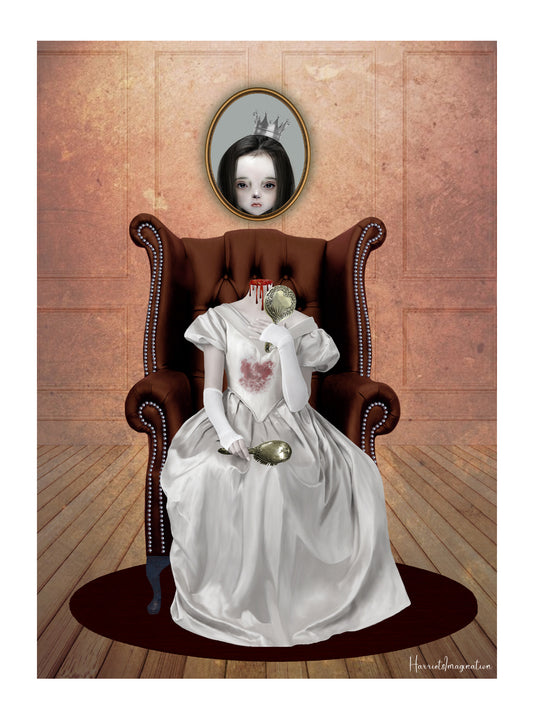 Gothic Art Print. This haunting piece features a headless lady, gripping a hand mirror, while her portrait looms above